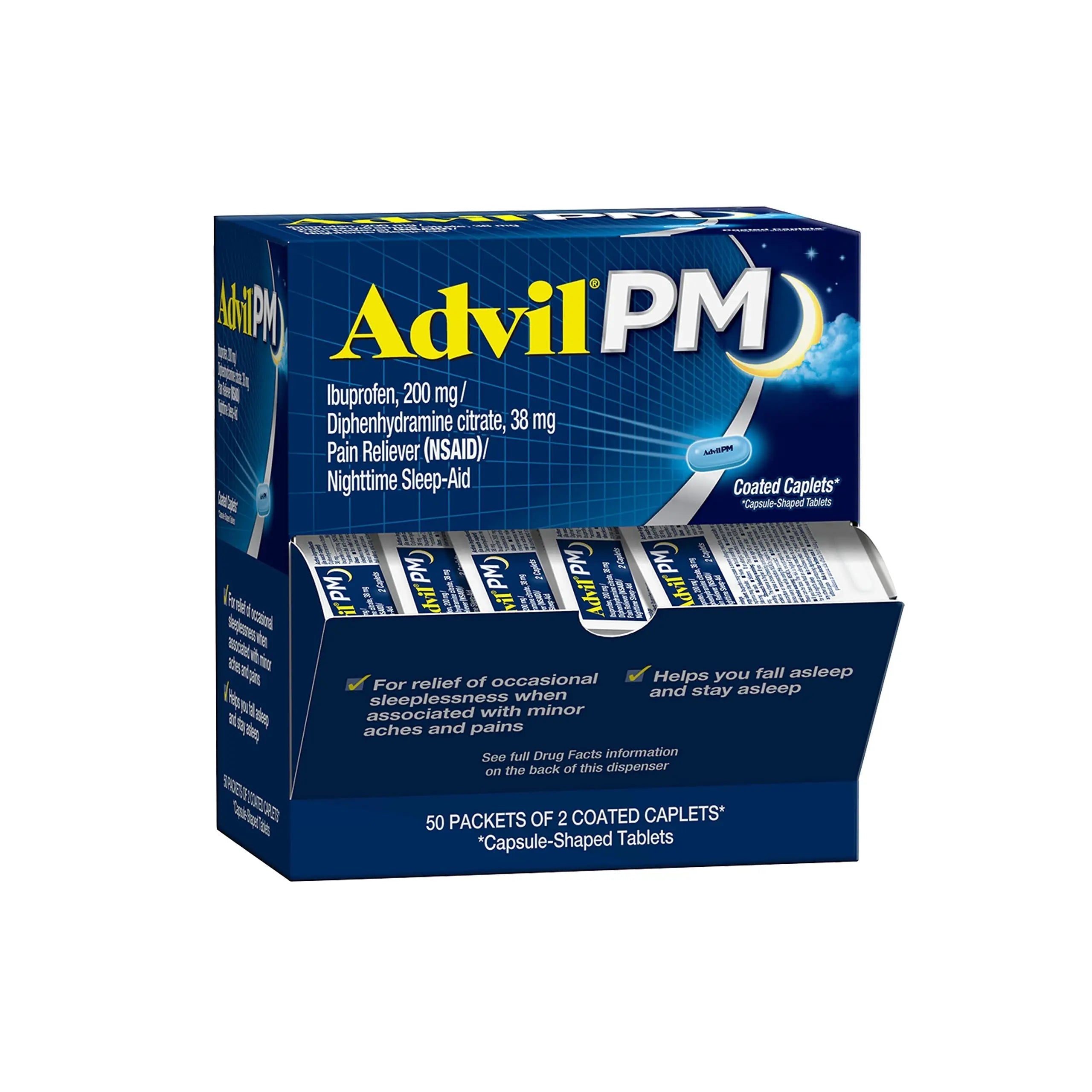 Advil PM Pain Reliever and Nighttime Sleep Aid, Pain Medicine with Ibuprofen for Pain Relief and Diphenhydramine Citrate for a Sleep Aid - 50x2 Coated Caplets Advil uk supplements