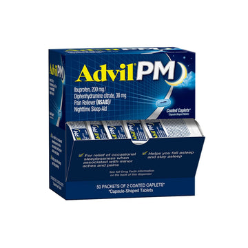 Advil PM Pain Reliever and Nighttime Sleep Aid, Pain Medicine with Ibuprofen for Pain Relief and Diphenhydramine Citrate for a Sleep Aid - 50x2 Coated Caplets Advil uk supplements