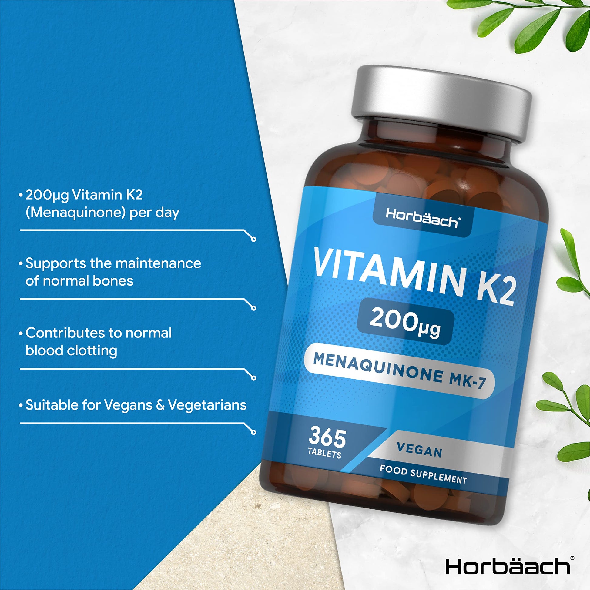 Vitamin K2 MK7 200ug | 365 Vegan Tablets | High Strength Menaquinone MK-7 Horbäach uk supplements
