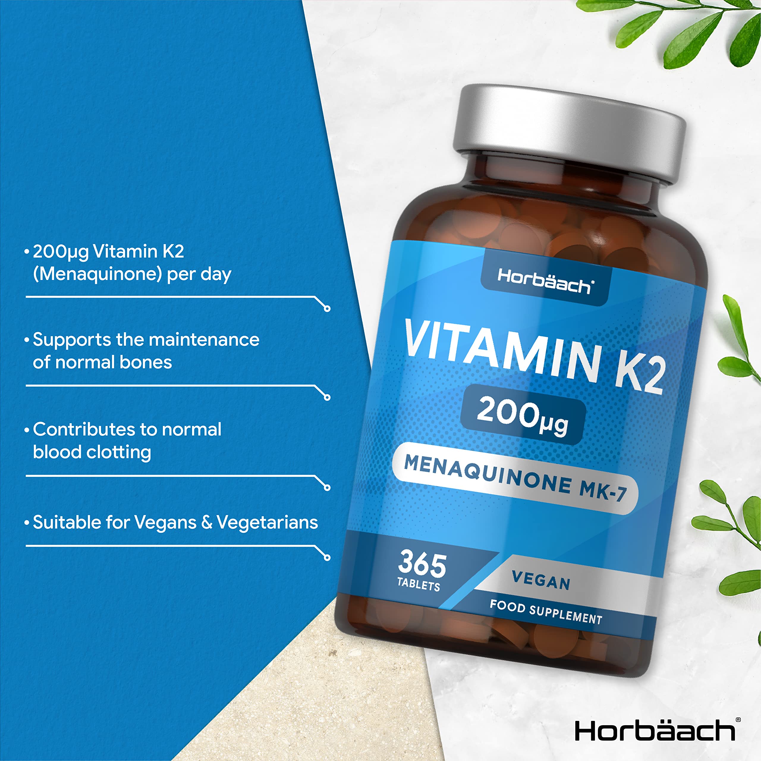Vitamin K2 MK7 200ug | 365 Vegan Tablets | High Strength Menaquinone MK-7 Horbäach uk supplements