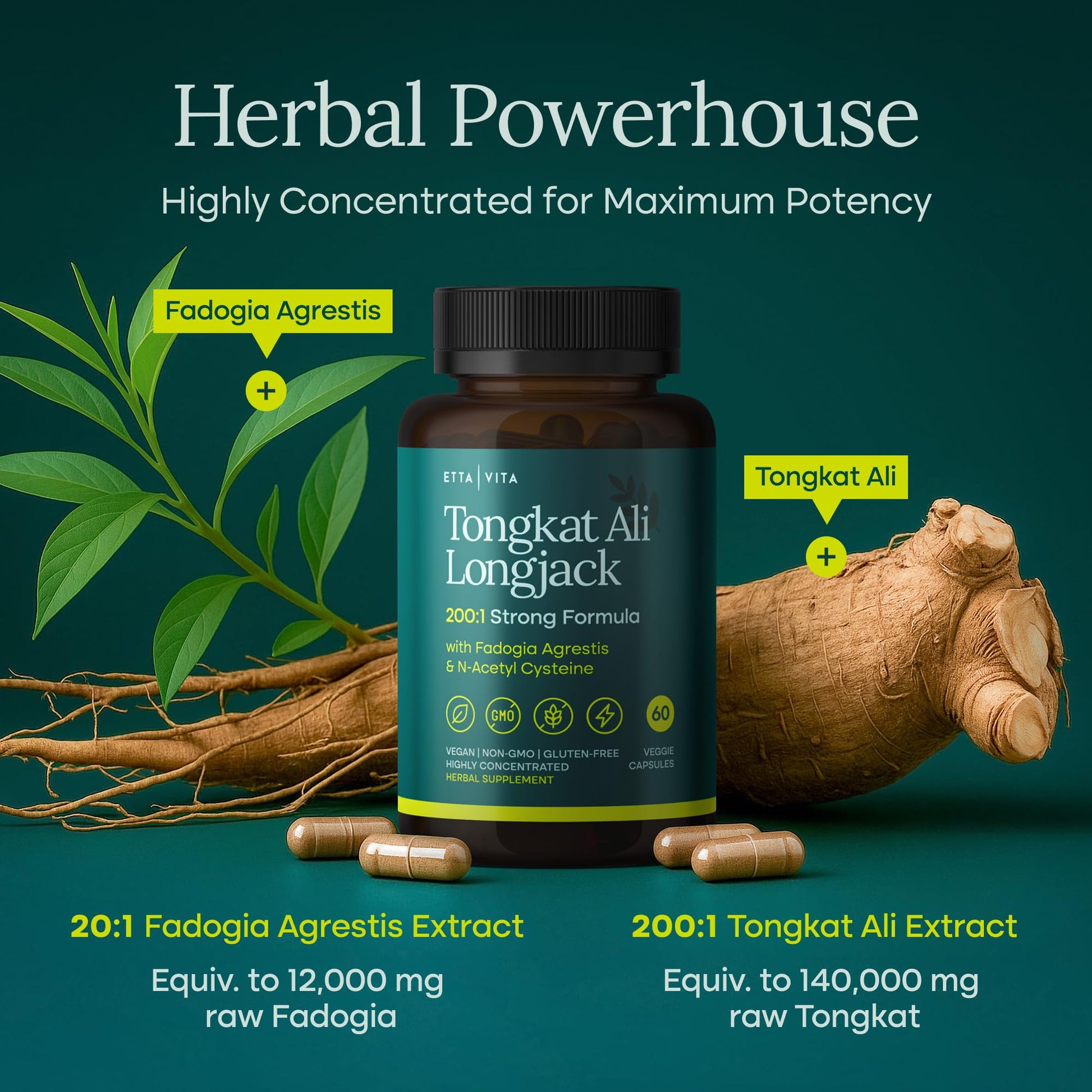 Potent Longjack - Tongkat Ali & Fadogia Agrestis Supplement for Men & Womens Energy, T Support, Lean Muscle Growth & Recovery, Hormonal Balance, Pre-Workout with Vegan NAC Liver Detox & Cleanse Etta Vita uk supplements