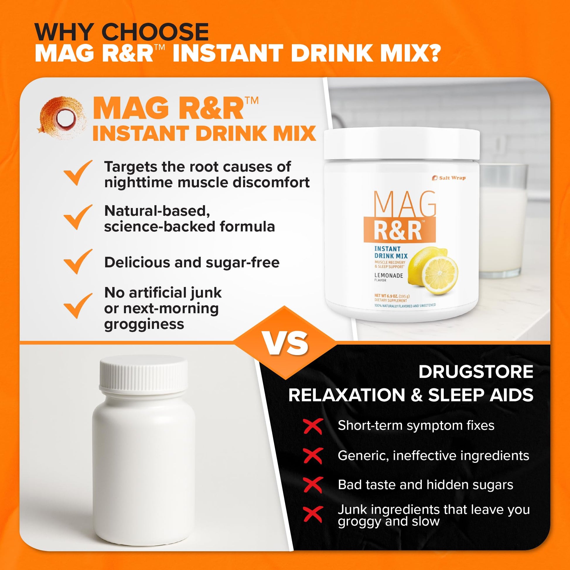 SaltWrap Mag R&R Instant Drink Mix - Sugar-Free Nighttime Magnesium Glycinate Powder with Stevia & FiberSMART® - Muscle Cramp & Leg Cramps Relief, Sleep & Relaxation Support - 30 Servings SaltWrap uk supplements