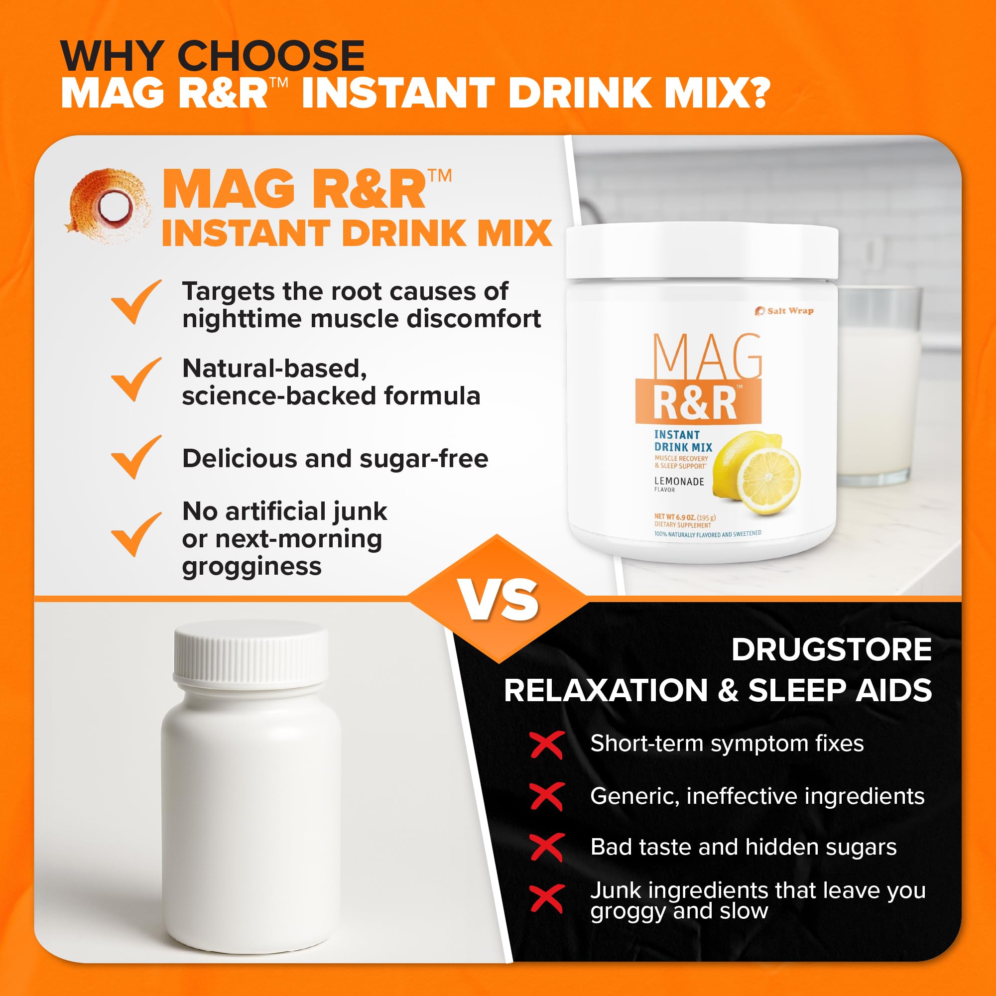 SaltWrap Mag R&R Instant Drink Mix - Sugar-Free Nighttime Magnesium Glycinate Powder with Stevia & FiberSMART® - Muscle Cramp & Leg Cramps Relief, Sleep & Relaxation Support - 30 Servings SaltWrap uk supplements