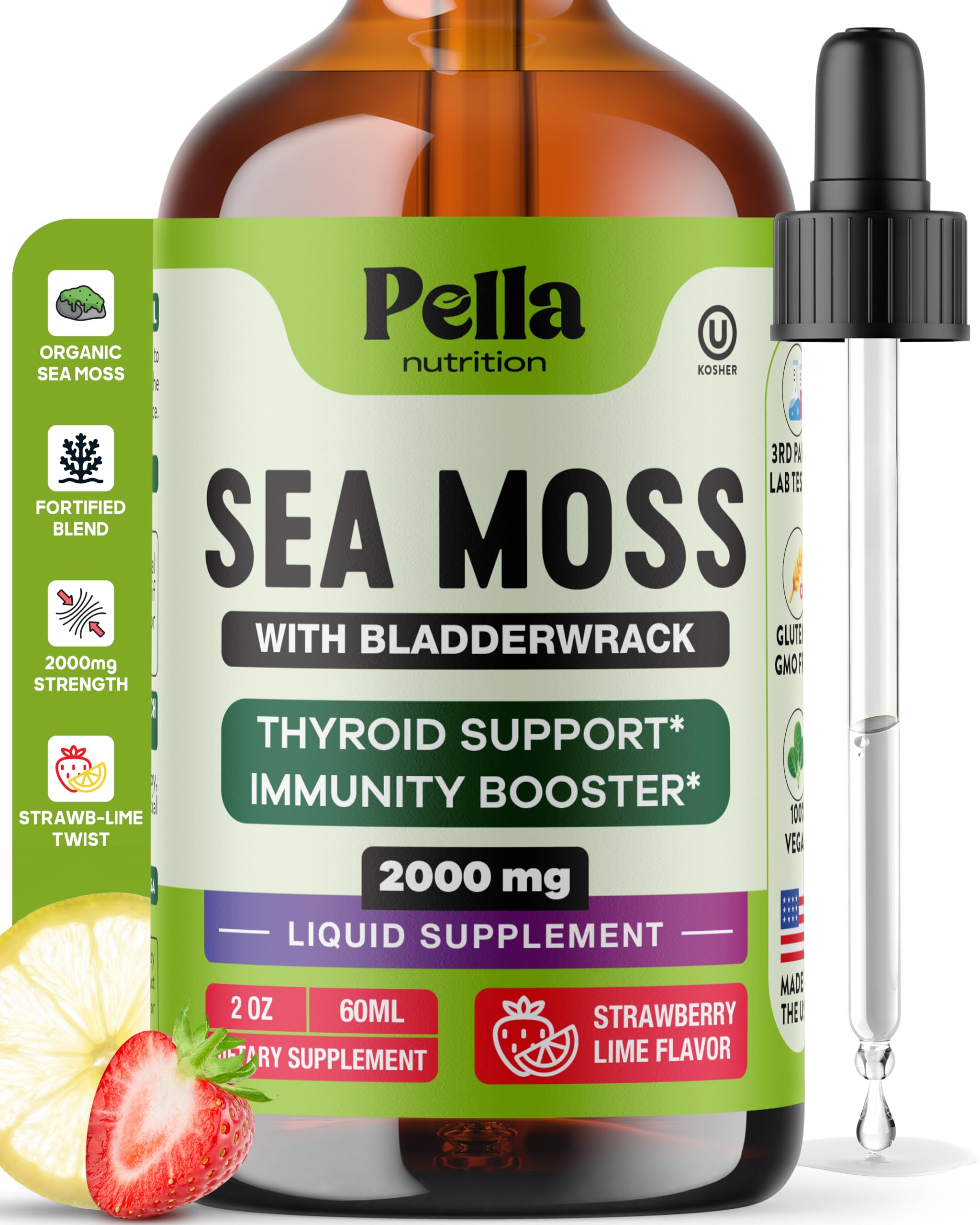Pella Nutrition Sea Moss Drops with Bladderwrack – 4X Faster Absorption Than Irish Sea Moss Gel Superfood, Gummies, and Capsules – Digestive & Immune Support Supplement (Strawberry Lime, 60mL) Pella Nutrition uk supplements