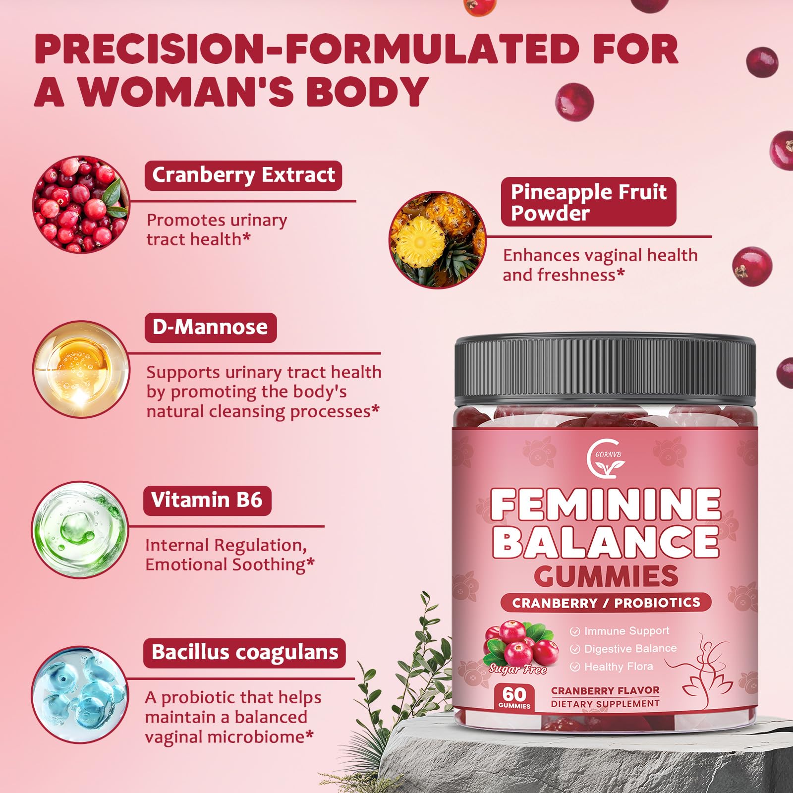 GORNVB Premium Feminine Balance Gummies for Women, Support pH Balance & Vaginal Probiotics Health Gummies with Cranberry Pineapple Powder, D-Mannose, Sugar Free, Gluten Free, Vegan GORNVB uk supplements