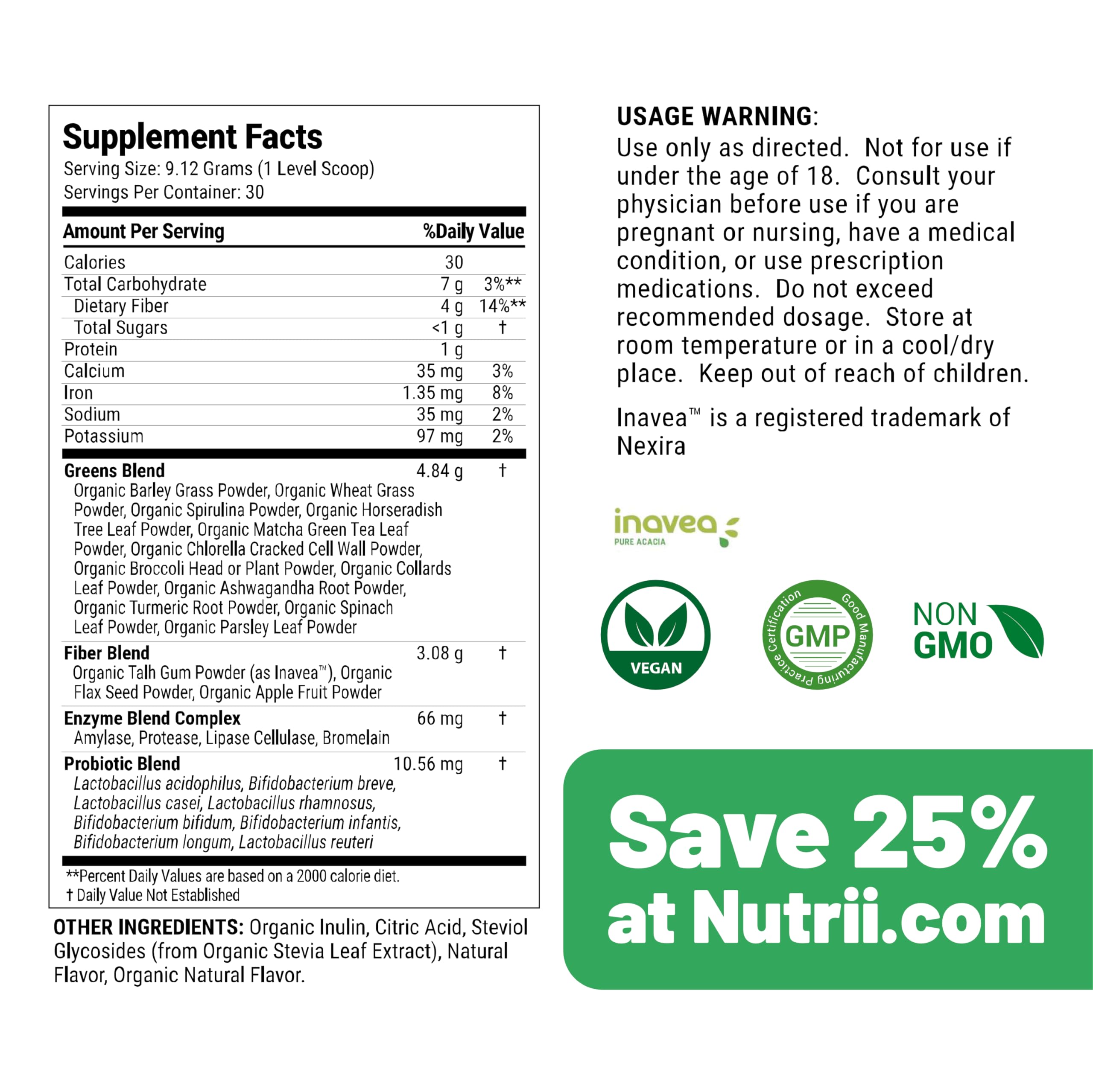 Nutrii Organic Green Immunity Superfood Powder - Soothes Digestion, Boosts Healthy Vitality and Energy. Fast Acting Formula with Probiotics, Enzymes, Turmeric and Ashwagandha (30 Servings Lemon-Mint) Nutrii uk supplements