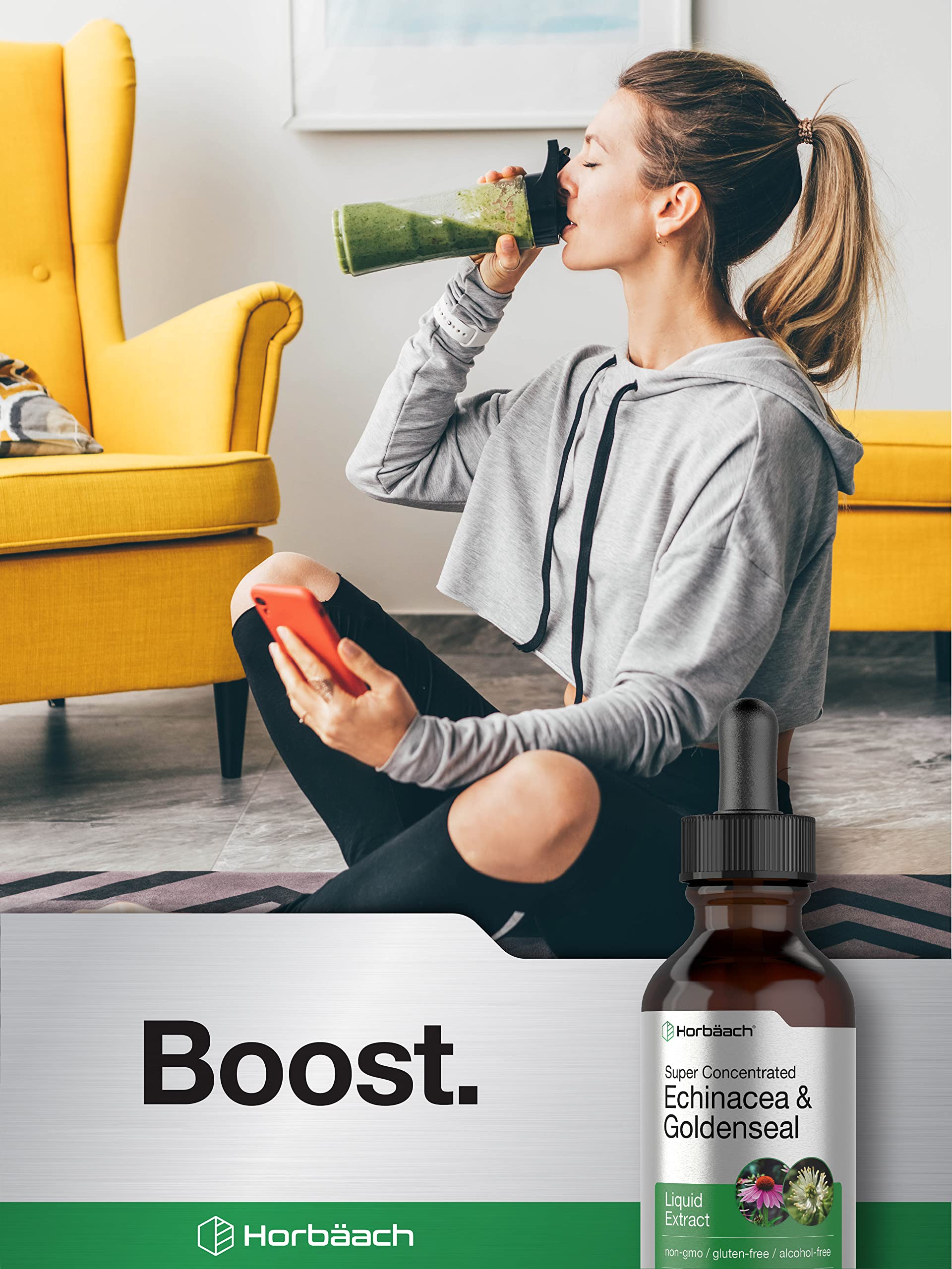 Echinacea Goldenseal Liquid Extract | 2 fl oz | Alcohol Free Tincture Drops | Vegetarian Horbäach uk supplements