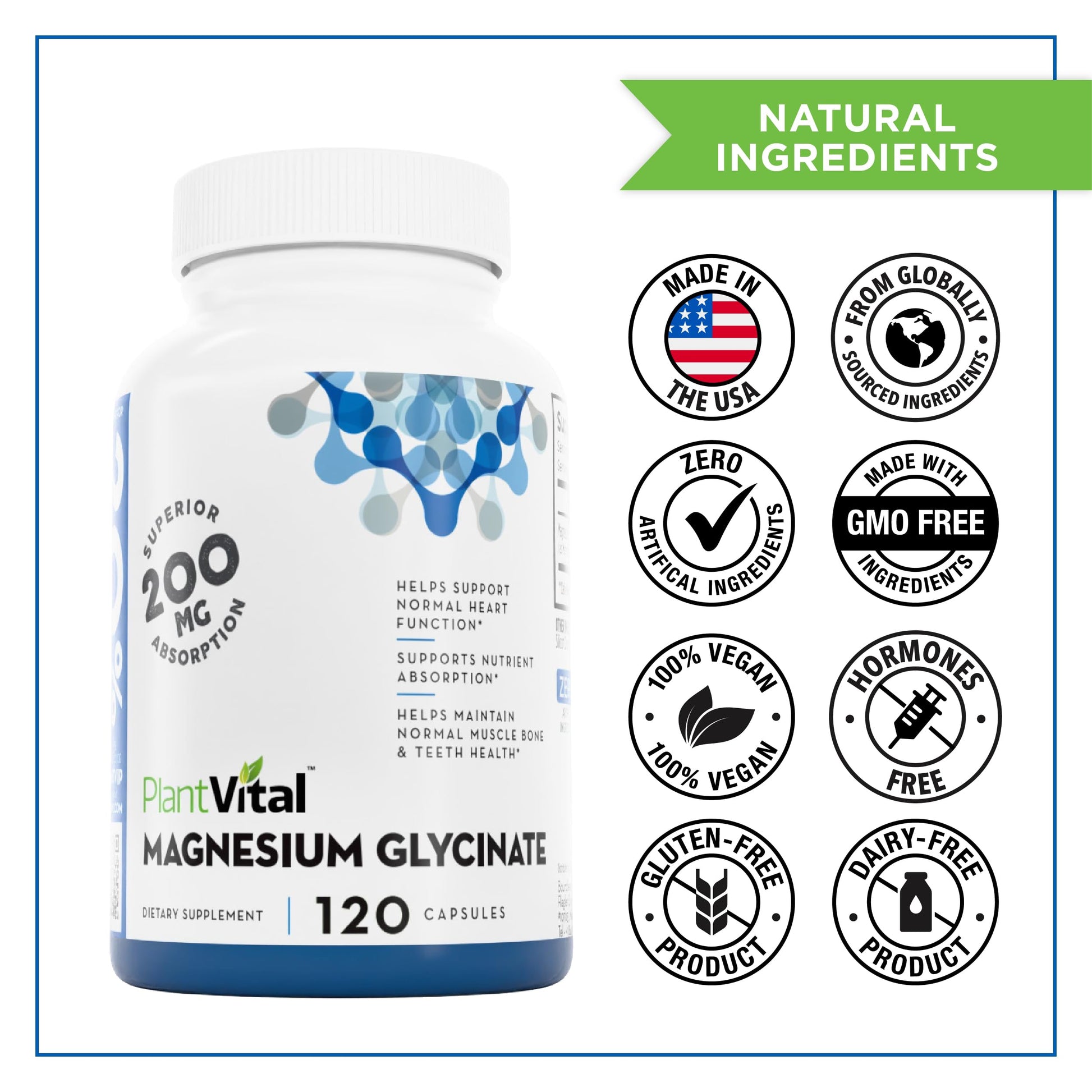 PlantVital Magnesium Glycinate 200mg - Supports Restful Sleep, Muscle & Nerve Function, Normal Heart & Bone Health - Feel Calm & Relax - Vegan, Third Party Tested, Gluten Free, Non-GMO - 120 Capsules Plantvital uk supplements