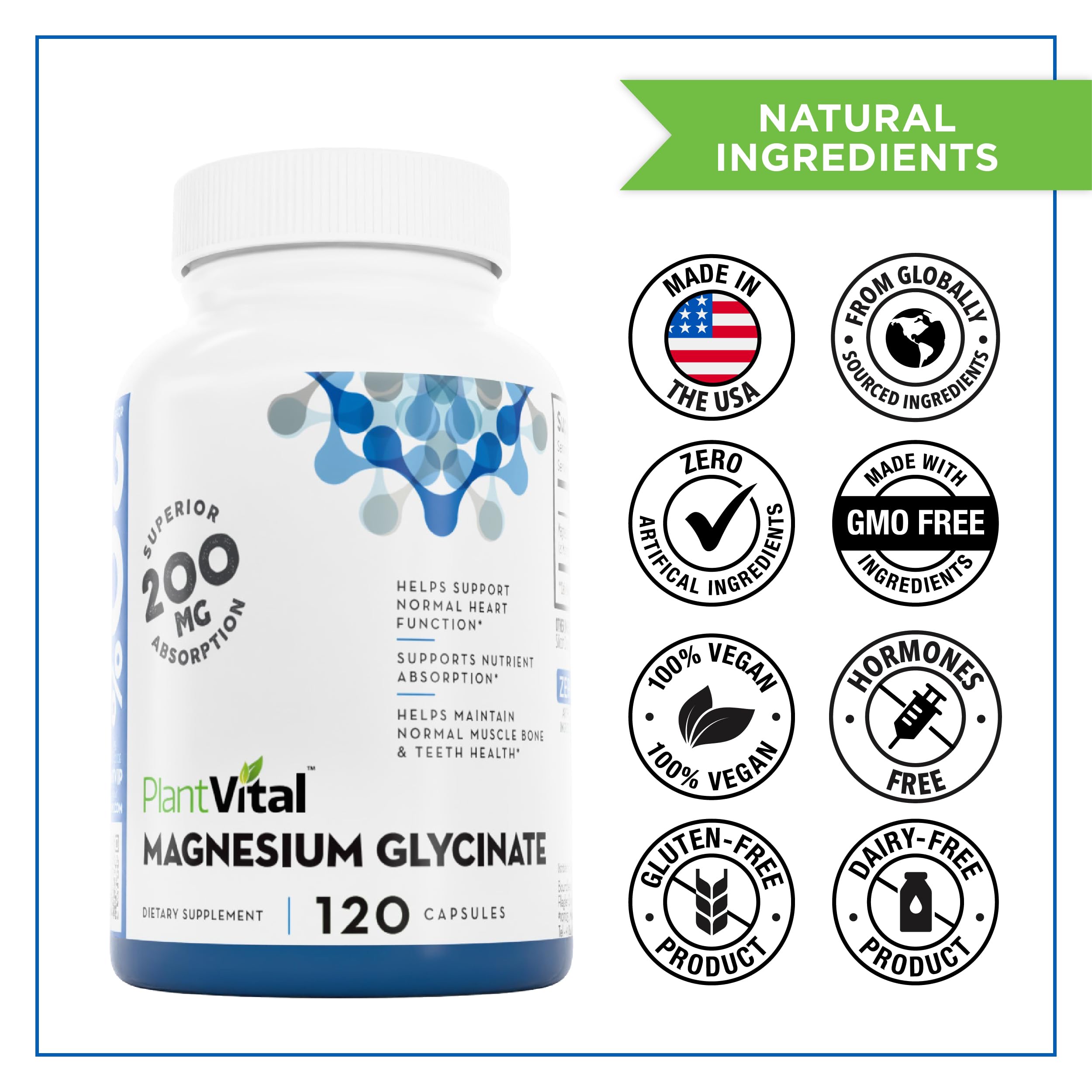 PlantVital Magnesium Glycinate 200mg - Supports Restful Sleep, Muscle & Nerve Function, Normal Heart & Bone Health - Feel Calm & Relax - Vegan, Third Party Tested, Gluten Free, Non-GMO - 120 Capsules Plantvital uk supplements