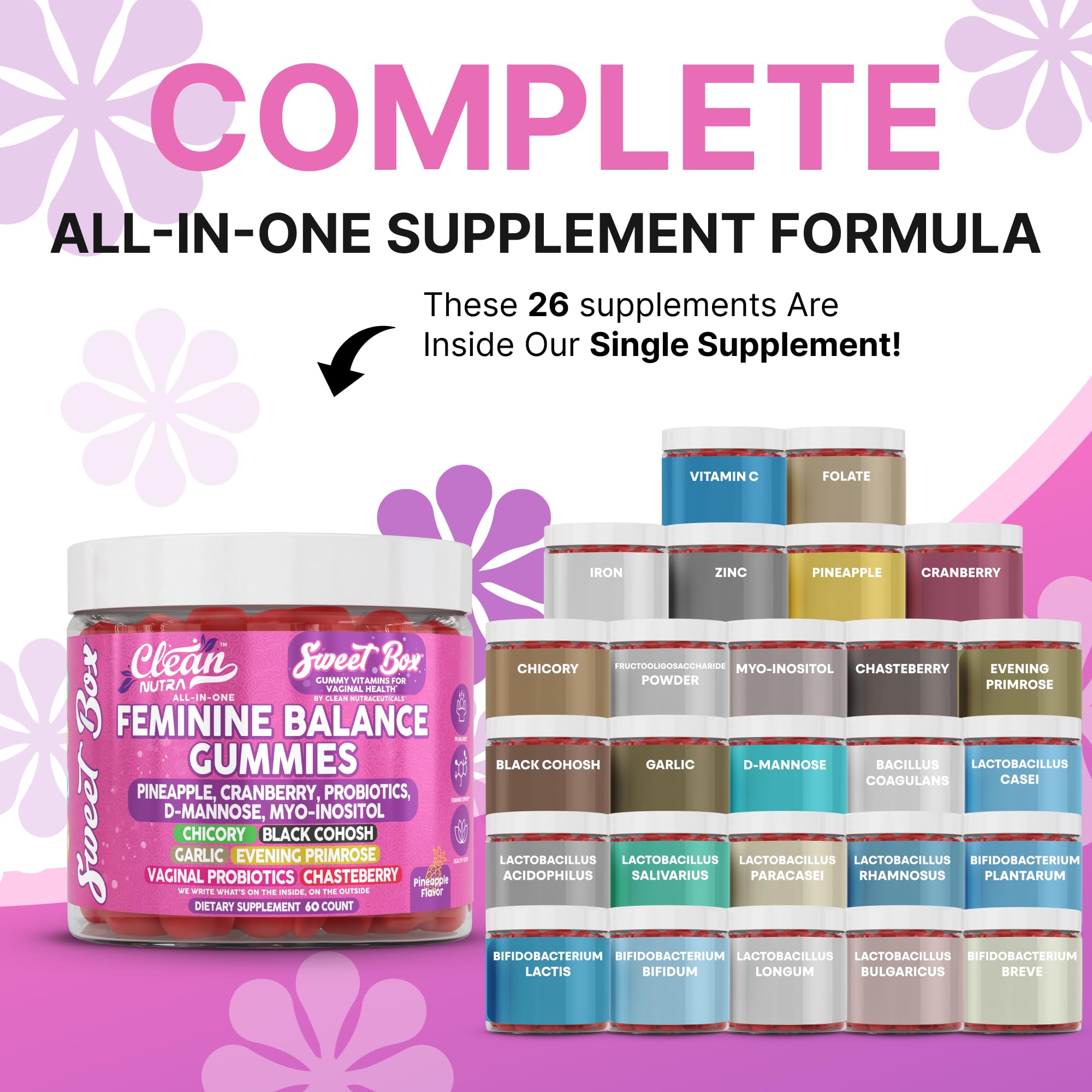 Clean Nutra Feminine Balance Gummies for Women Pineapple VaginalProbiotics pH Balance Cranberry D Mannose Supplement Inositol Black Cohosh Evening Primrose Garlic Vitex GLA Prebiotics Folate 60ct Clean Nutraceuticals uk supplements