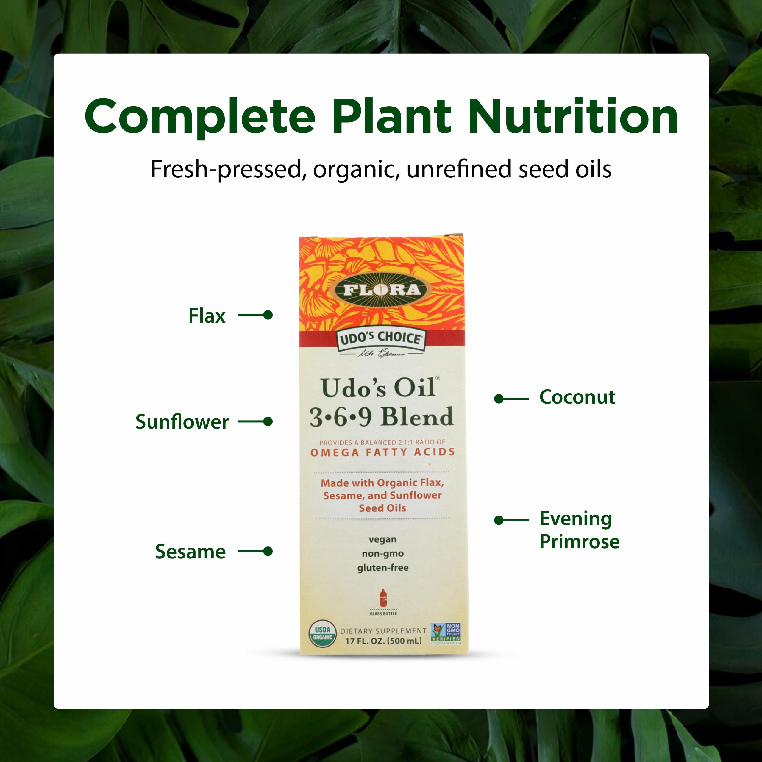 Flora - Udo's Choice Omega 369 Oil Blend, Made with Organic Flax, Sesame & Sunflower Seed Oils, Plant-Based Vegan Omega Fatty Acids, Based on Ideal 2:1:1 Ratio, 17-fl, oz. Glass Bottle Flora uk supplements