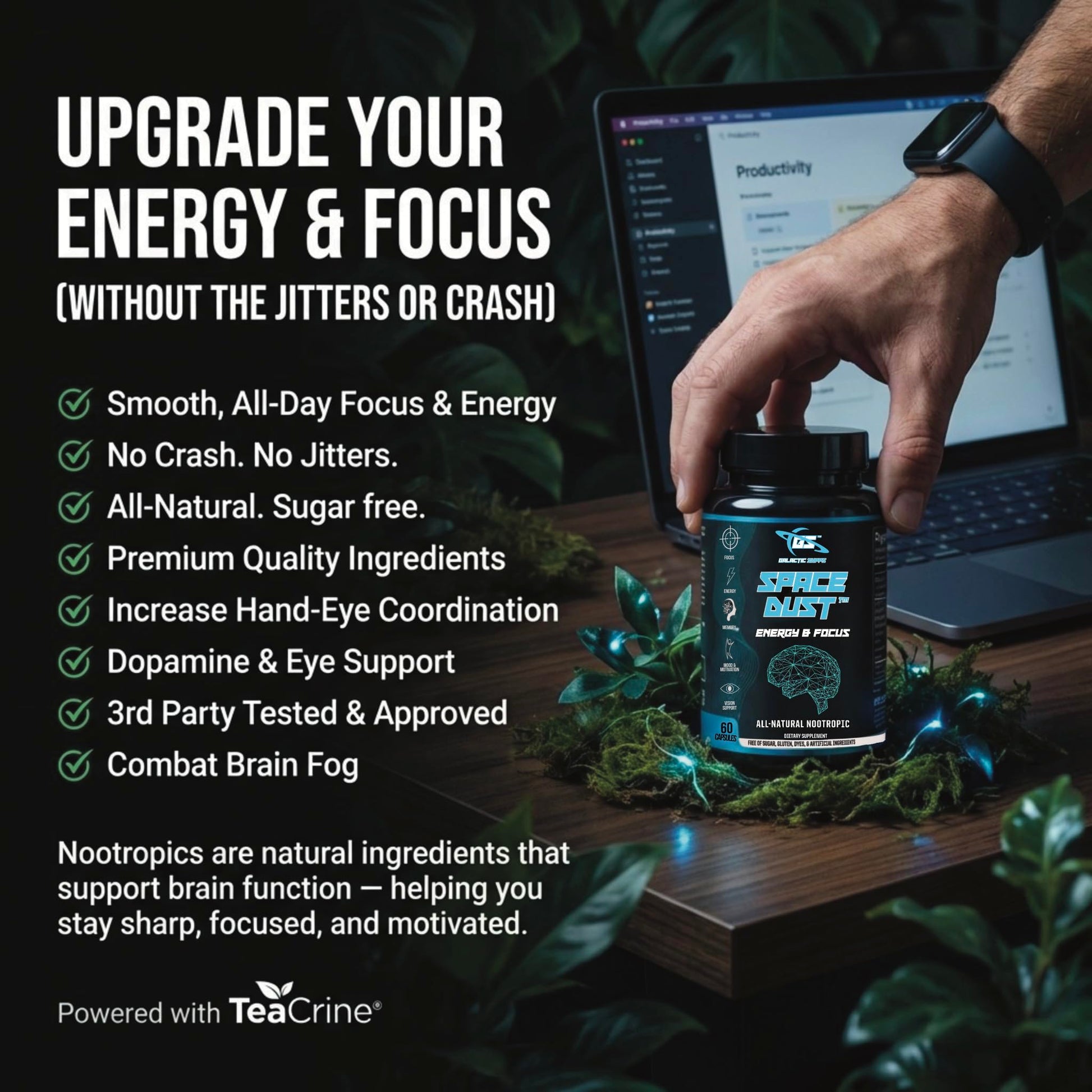 Space Dust Brain Supplements for Memory and Focus – Nootropic Focus Supplement for Brain Health & Mind Boost with TeaCrine, Caffeine, L-Tyrosine, L-Theanine – Cognitive Support Capsules, 60 Count GALACTIC SUPPS uk supplements