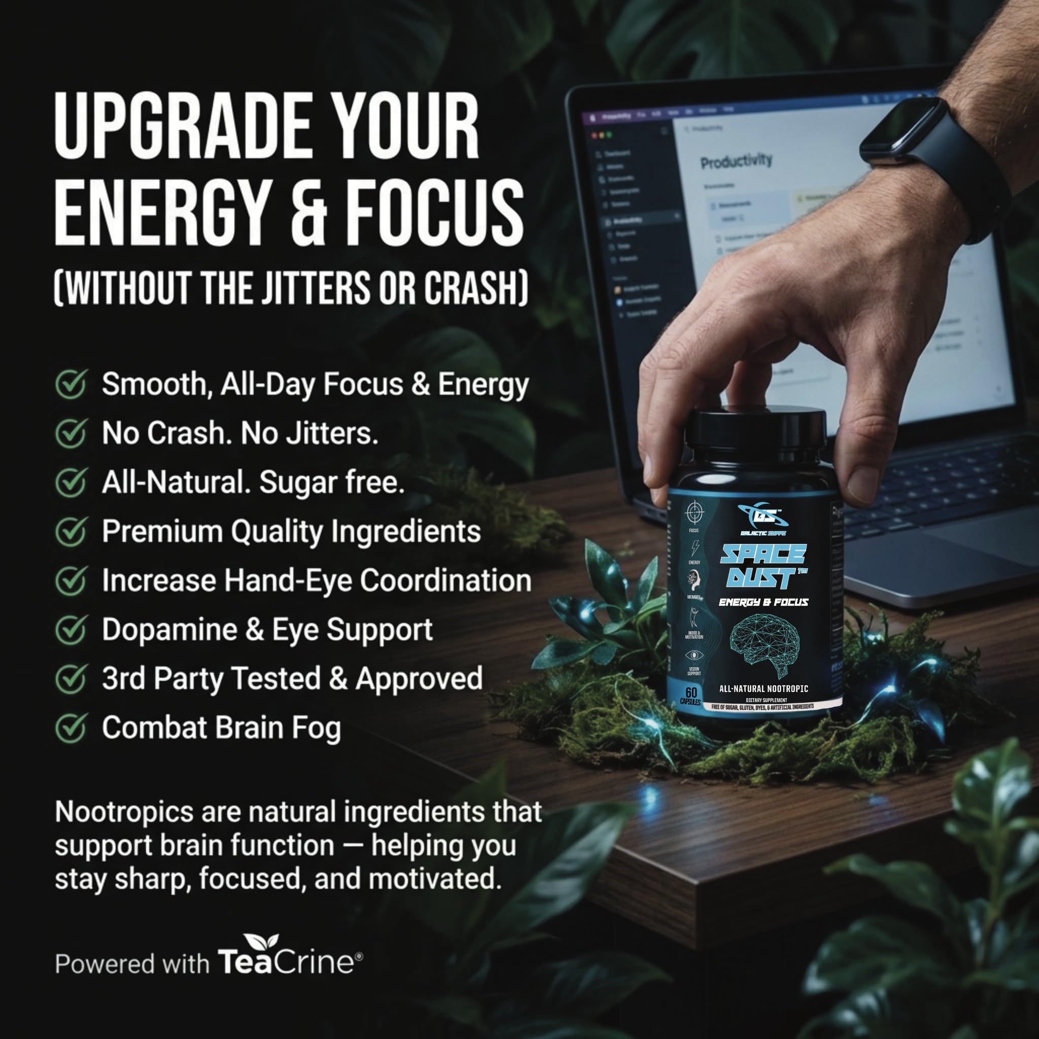 Space Dust Brain Supplements for Memory and Focus – Nootropic Focus Supplement for Brain Health & Mind Boost with TeaCrine, Caffeine, L-Tyrosine, L-Theanine – Cognitive Support Capsules, 60 Count GALACTIC SUPPS uk supplements