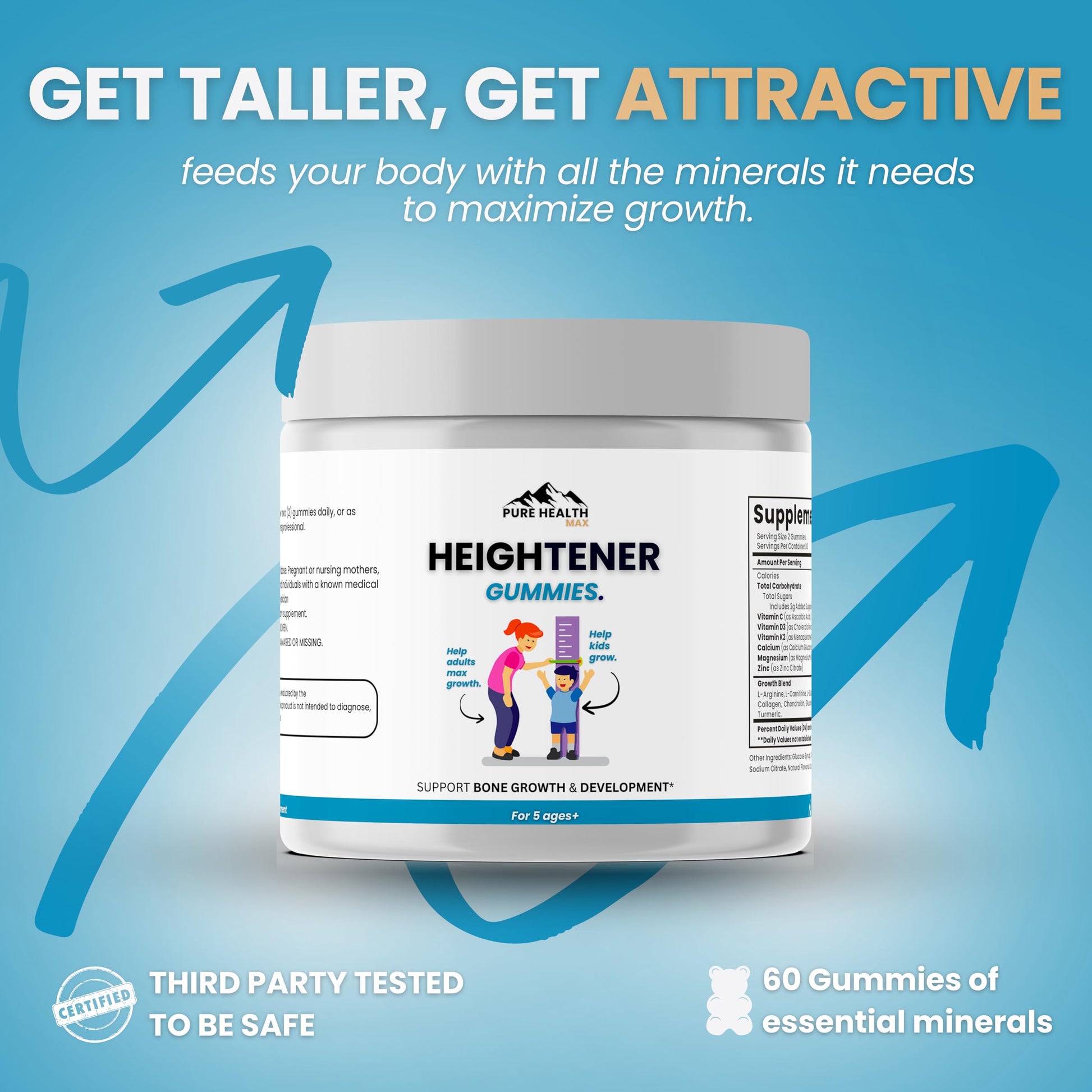 Heightener Gummies - Natural Height Growth Supplement for Kids, Teens and Adults to Increase Bone Strength and Grow Tall | Height Maximizer Pills with L-Arginine, Calcium & Zinc | 60 Gummy PURE HEALTH MAX uk supplements