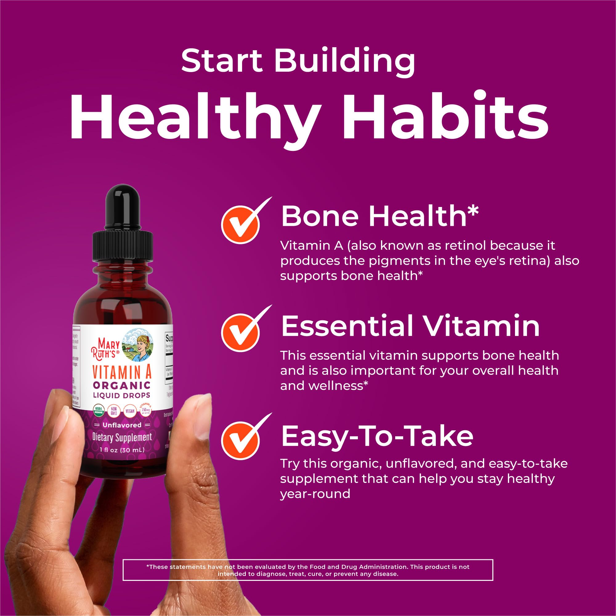 MaryRuth Organics USDA Organic Vitamin A Liquid Drops | 3 Month Supply | Bone Health for Ages 14+ | Essential Vitamin | 750mcg per Serving | Sugar Free | Vegan | Non-GMO | Gluten Free | 1oz MARYRUTH'S uk supplements