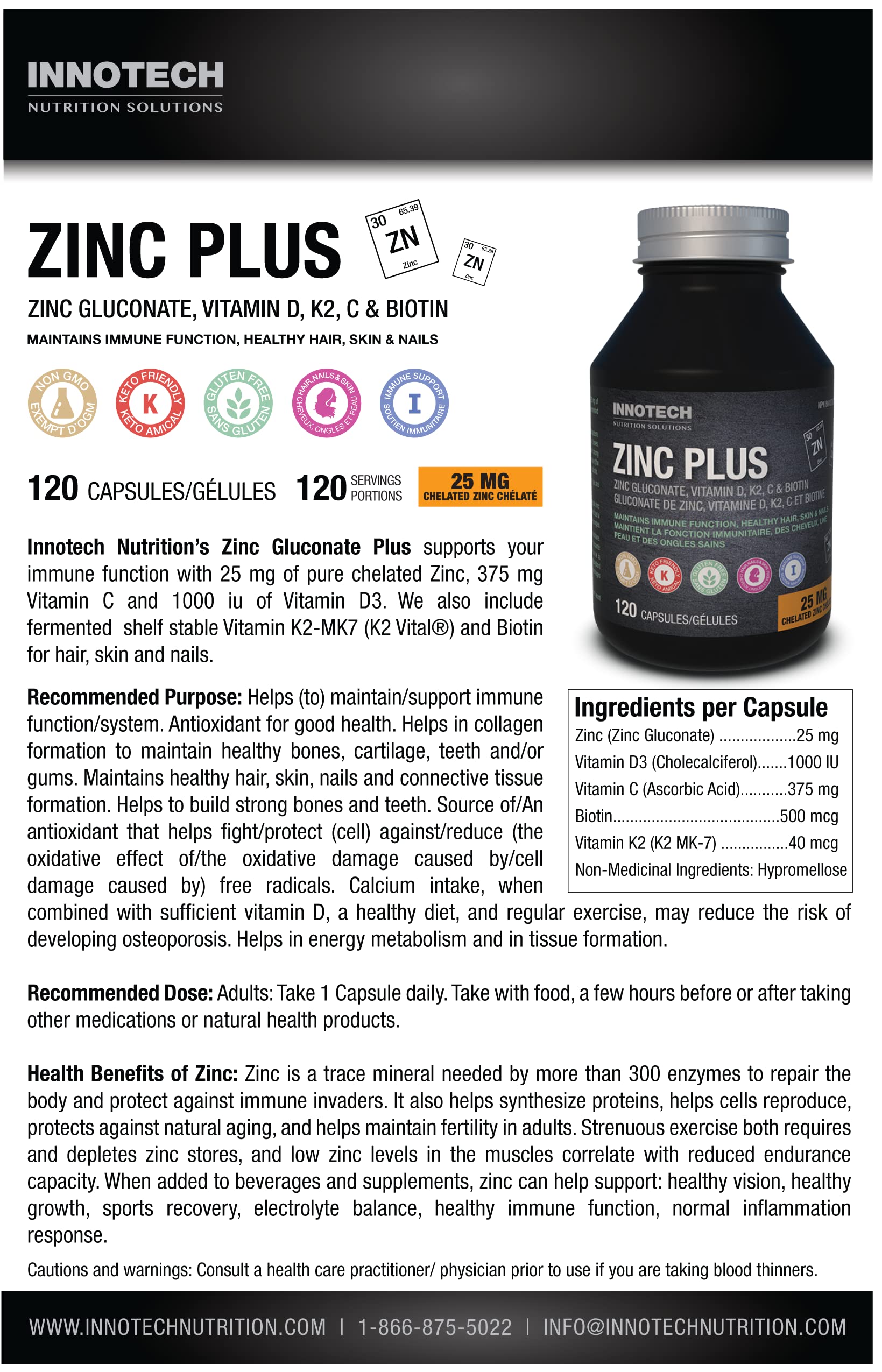 Innotech Nutrition Zinc Plus Immune Hair Skin & Nails Support Chelated Zinc Vitamin D3 & Biotin 120 Vegan Capsules Innotech Nutrition Solutions uk supplements