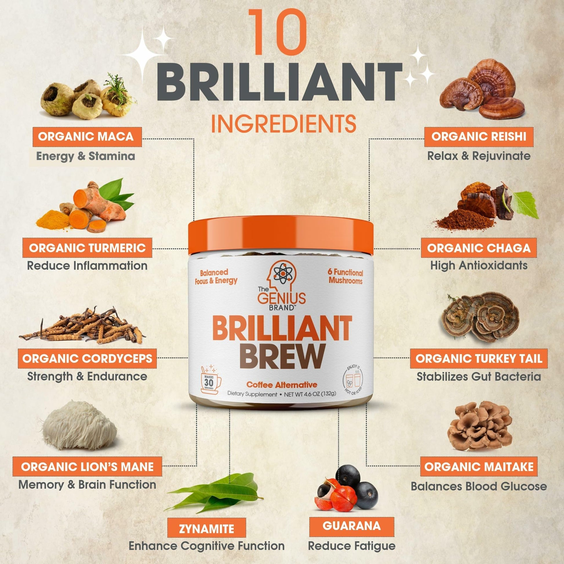 The Genius Brand Genius Brilliant Brew - Natural Coffee Substitute for Clear Thinking, Energy & Immune Support - No Crash or Jitters - Powered by Nootropics - Non-GMO - 30 Servings - Sweet Cocoa The Genius Brand uk supplements