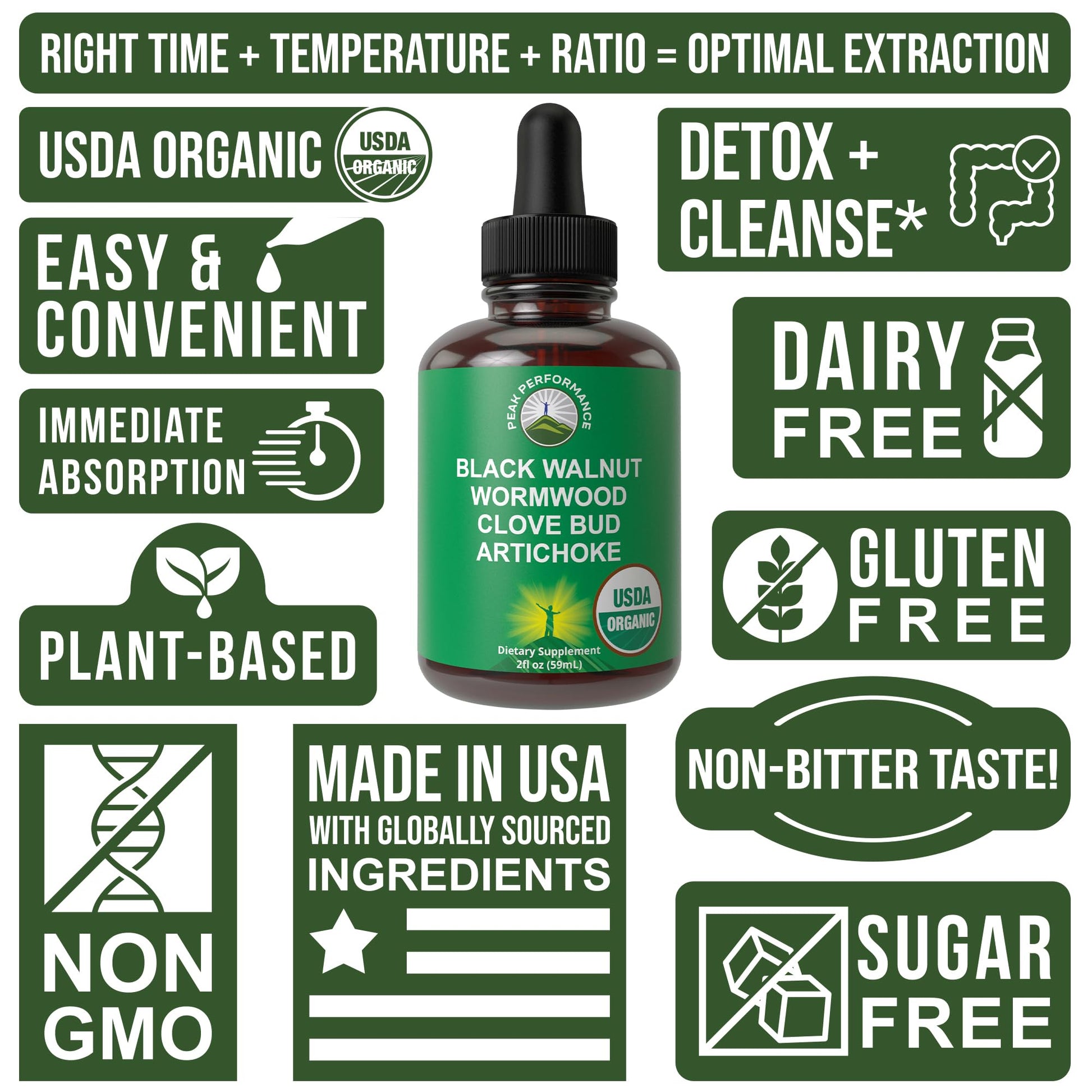 USDA Organic Wormwood Black Walnut Clove Drops Cleanse for Humans. Sugar Free Supplement for Intestinal Cleanse, Detox Support for Adults and Kids. with Artichoke and Clove Bud. Kosher, No GMOs Peak Performance uk supplements