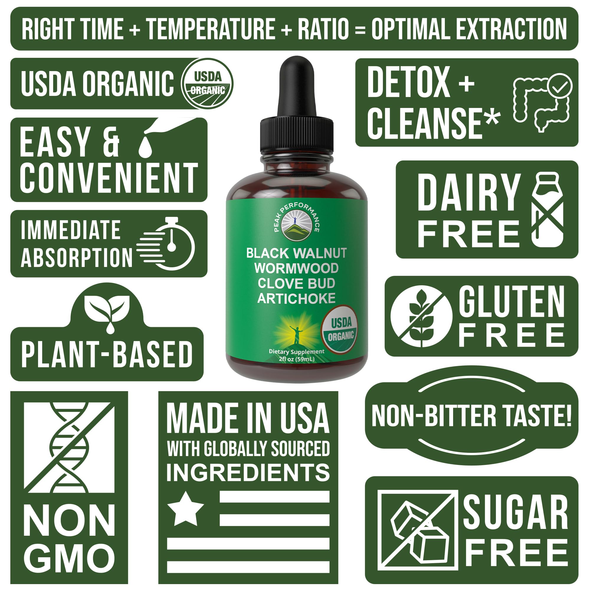 USDA Organic Wormwood Black Walnut Clove Drops Cleanse for Humans. Sugar Free Supplement for Intestinal Cleanse, Detox Support for Adults and Kids. with Artichoke and Clove Bud. Kosher, No GMOs Peak Performance uk supplements
