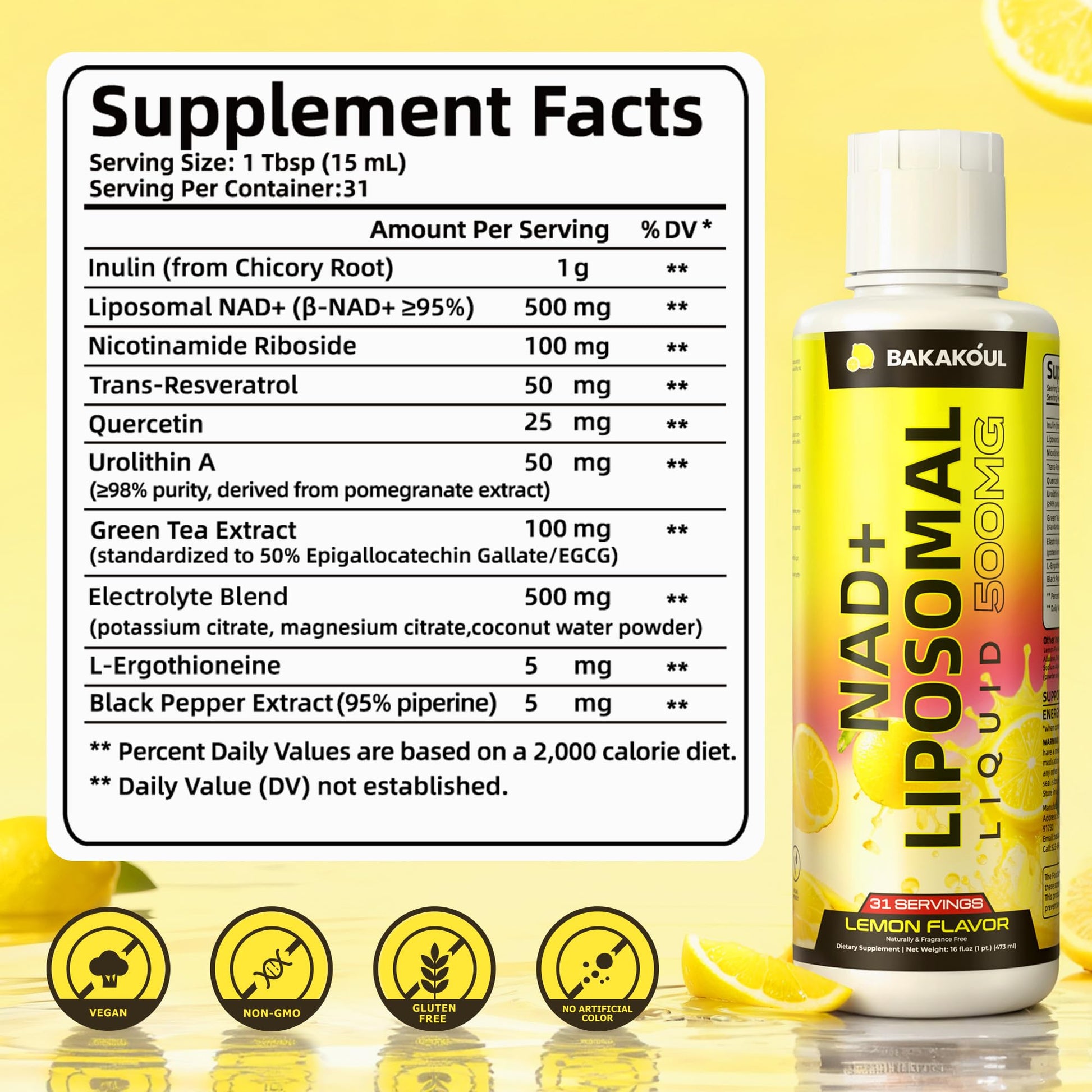 Liposomal NAD+ Liquid Supplement - Designed to Help Support Absorption - Nhanced Cellular Uptake, Helps Support Normal Cellular Health, Supports Cellular Energy Metabolism and Vitality - Lemon Flavor BAKAKOUL uk supplements
