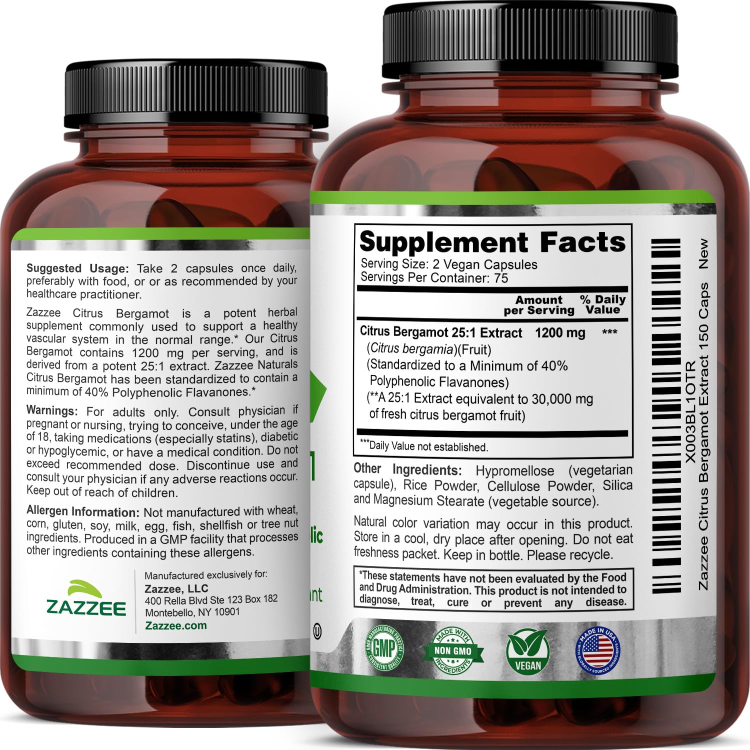Zazzee Citrus Bergamot 25:1 Extract, 1200 mg Per Serving, 40% Polyphenolic Flavanones, 150 Vegan Capsules, 5 Month Supply, Citrus Bergamia, Antioxidant Support, Certified Kosher, Non-GMO, Made in USA Zazzee uk supplements