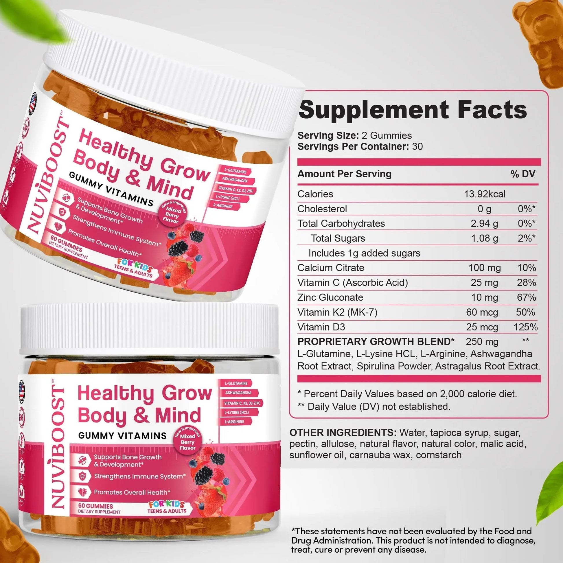 NUVIBOOST Healthy Grow Height Growth Gummies Rich in Calcium, Vitamins C, D3, K2, L-Arginine, Ashwagandha, and Others NUVIBOOST uk supplements