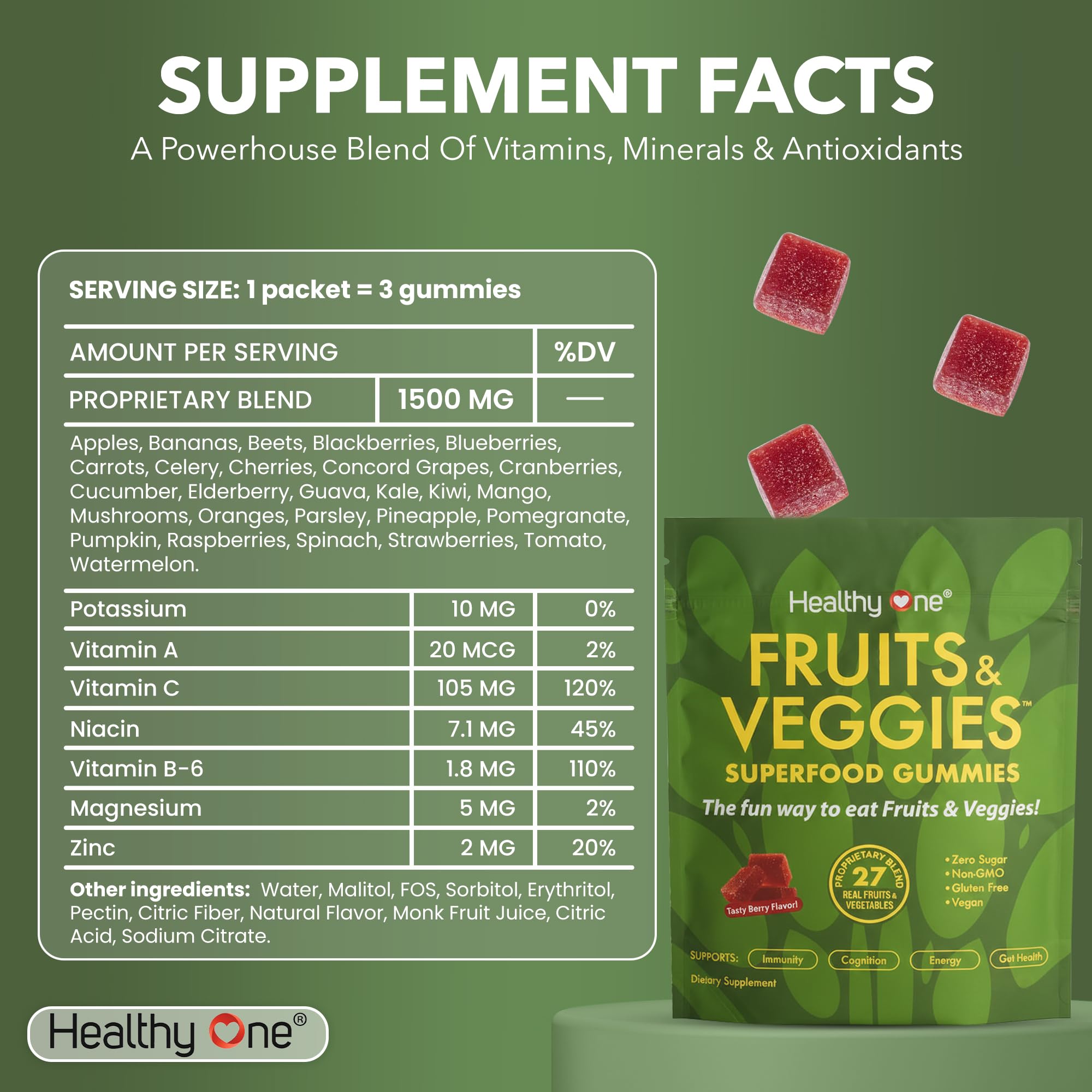 Fruits & Veggies Sugar-Free Gummies - 27 Whole Foods - Equals 3 Servings of Fruits & Vegetables - Improve Energy, Focus & Immune Function - Fiber - Antioxidants - Organic Ingredients - 28 Packets Healthy One uk supplements