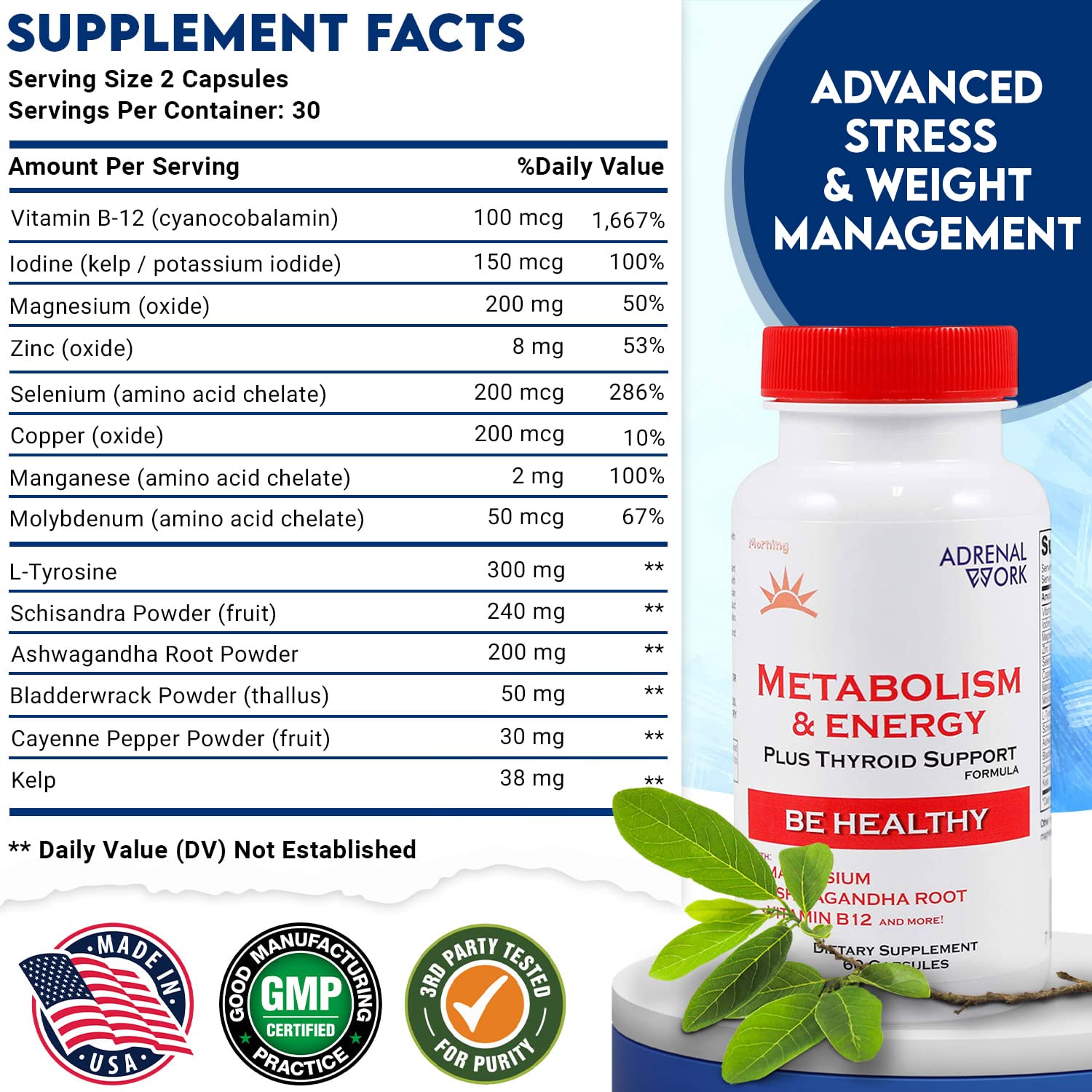 Adrenalwork Adrenal Support Supplement - Organic Ashwagandha Capsules for Stress Relief, Calm Energy & Focus - Adaptogen Blend with Rhodiola & Holy Basil - Men & Women - 60 Capsules Adrenalwork uk supplements