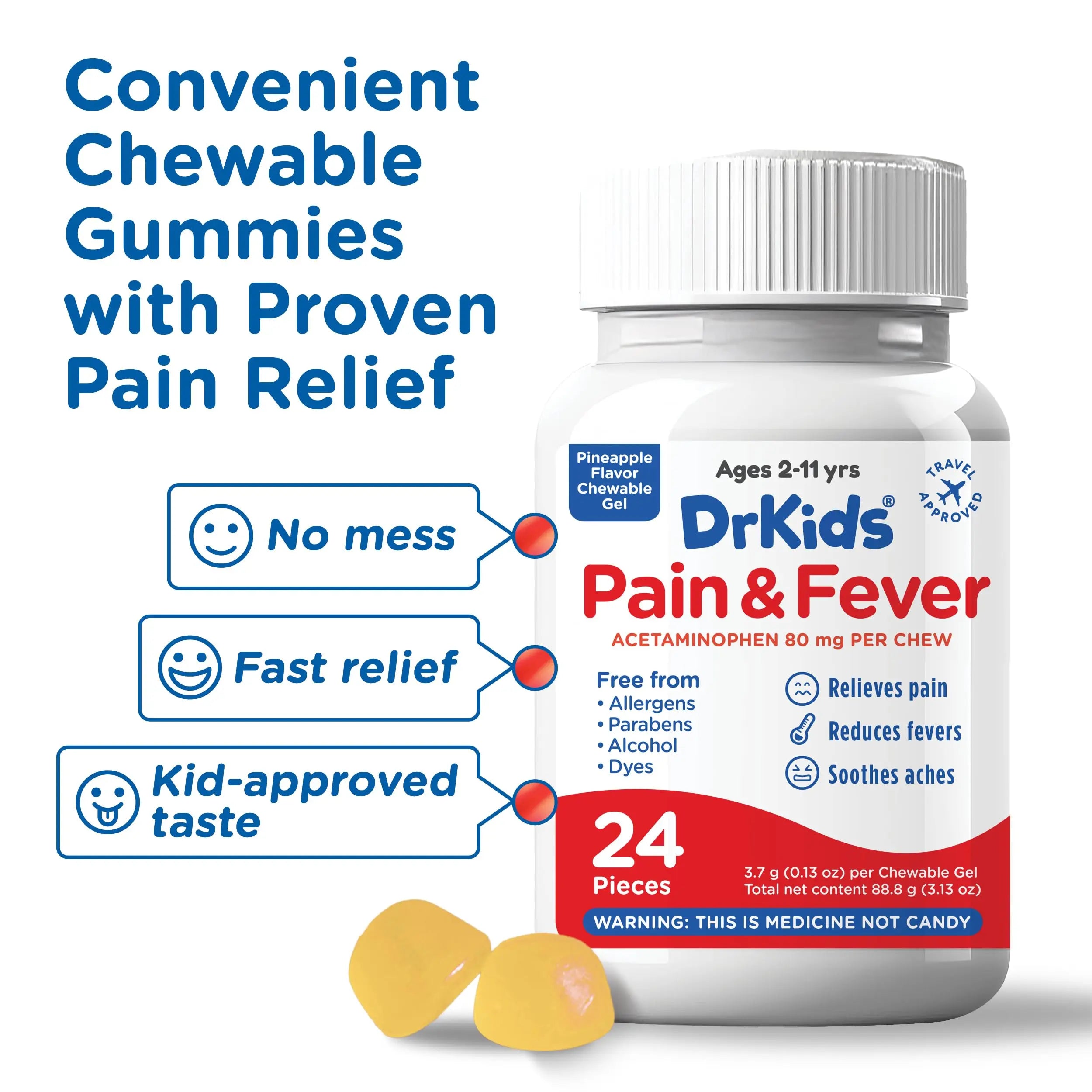 Dr. Kids Children’s Pain and Fever Chewable Gels – Pain Relief and Fever Reducer for Kids Ages 2–11, 80 mg Chewable Acetaminophen for Headache, Sore Throat, Cold & Flu, Pineapple Flavor, 24 Count Dr. Kids uk supplements