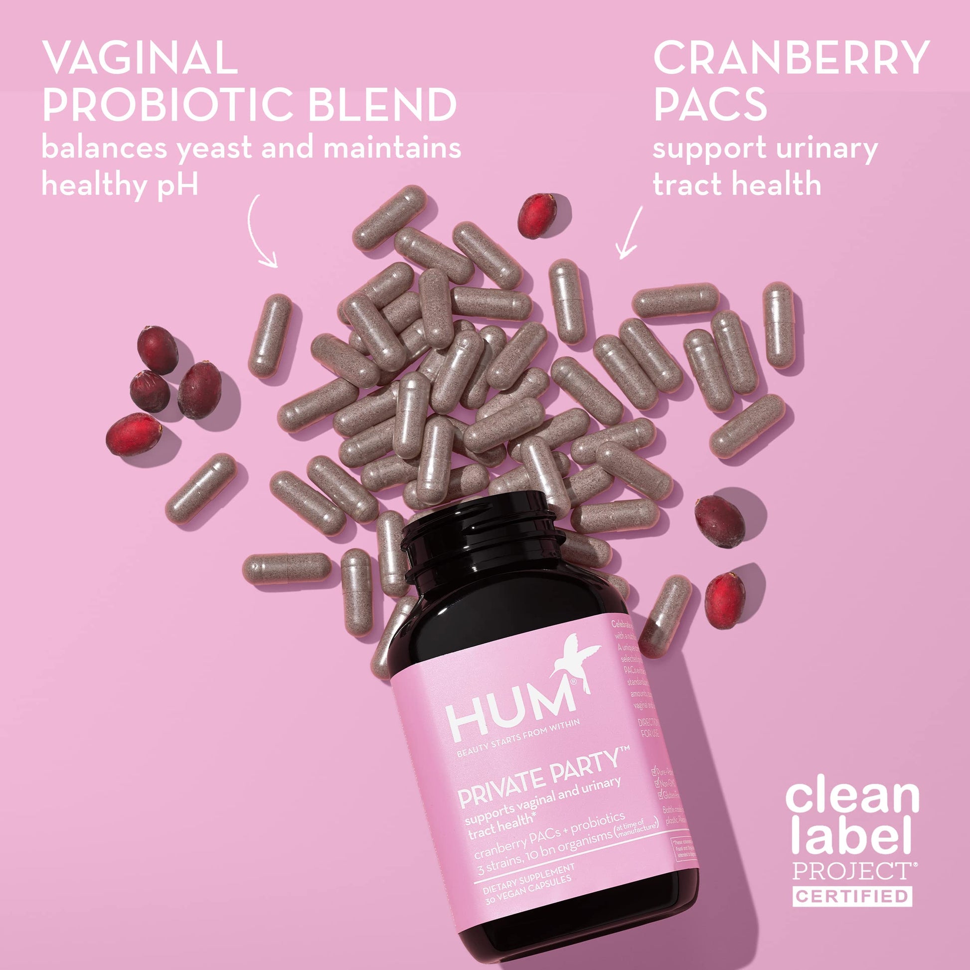 HUM Private Party Vaginal Probiotics for Women, pH Balance and Urinary Tract Support Vaginal Probiotic Supplement with Cranberry & Lactobacillus Blend, Women's Health Cranberry Pills, 90 Capsules HUM uk supplements