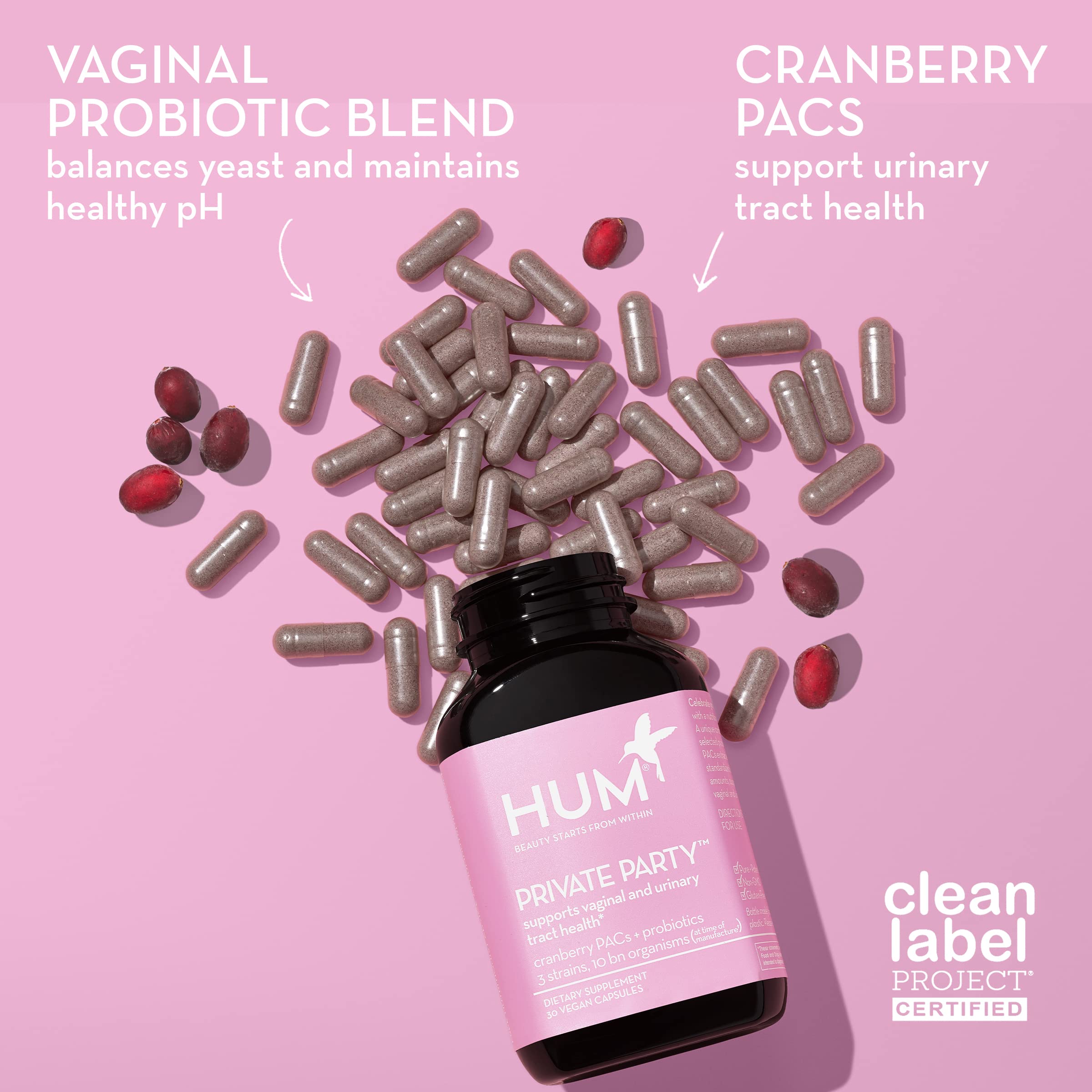 HUM Private Party Vaginal Probiotics for Women, pH Balance and Urinary Tract Support Vaginal Probiotic Supplement with Cranberry & Lactobacillus Blend, Women's Health Cranberry Pills, 90 Capsules HUM uk supplements