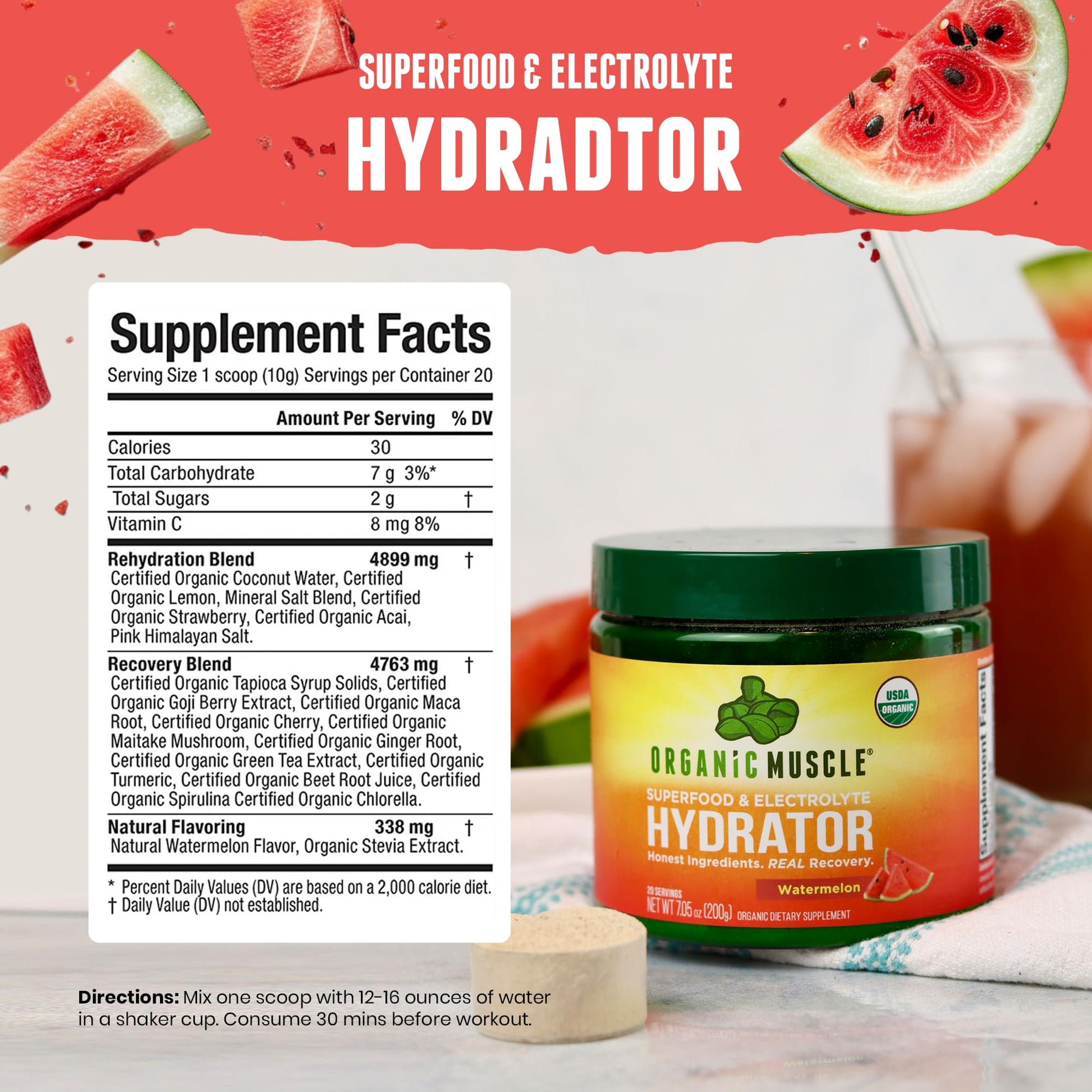 Organic Muscle Hydrator | Natural Electrolyte Powder for Peak Performance & Recovery - Watermelon Flavor, 20 Servings Organic Muscle uk supplements