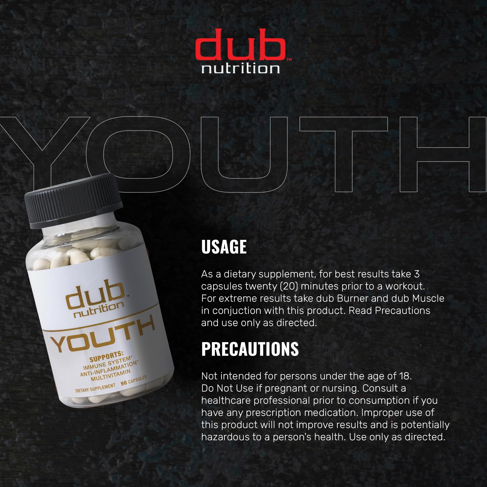 Dub Nutrition Youth - Formula with Acai, Resveratrol, Curcumin, Vitamins A, C, D, E, B12, and CoQ10 - Supports Immunity and Mobility - 90 Capsules Dub Nutrition uk supplements