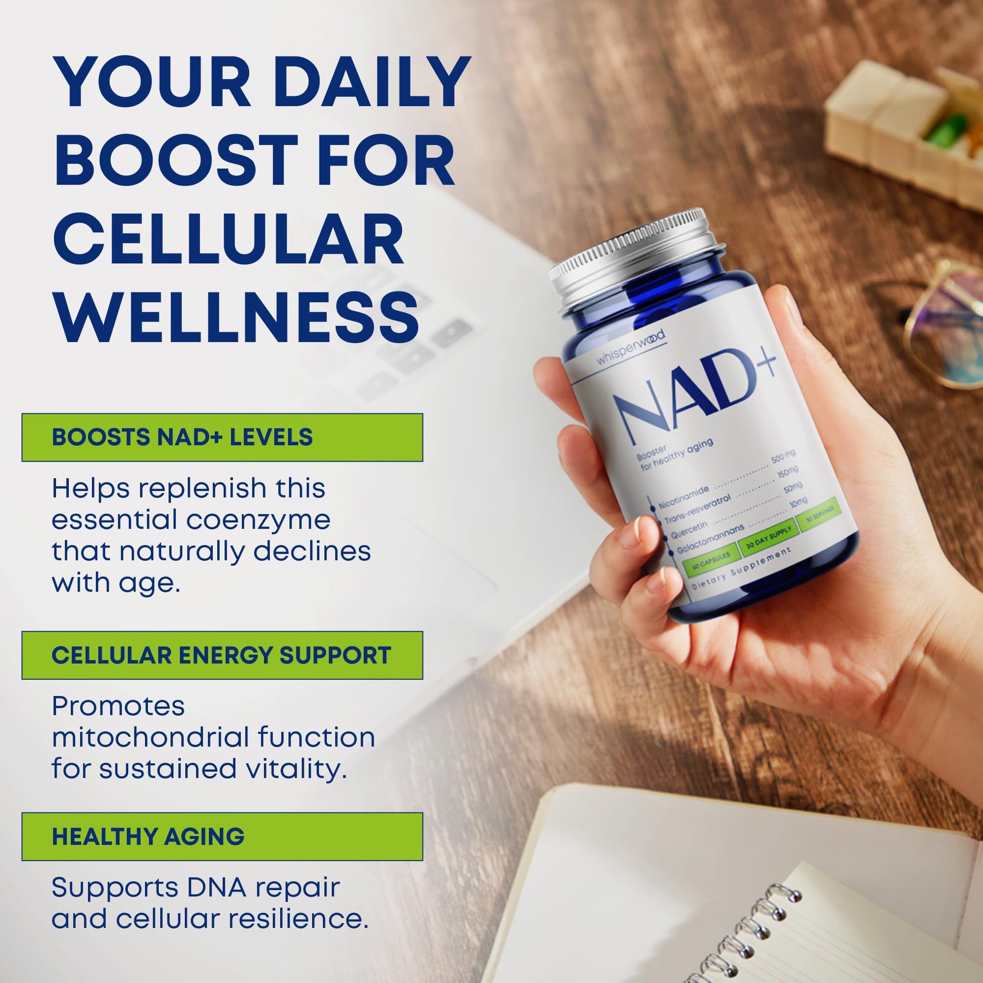 NAD+ Supplement with Nicotinamide Riboside, Trans Resveratrol & Quercetin – NAD Plus Complex for Energy, Brain & Mitochondrial Support – Antioxidant and Longevity Formula for Women & Men – 60 capsules WHISPERWOOD uk supplements