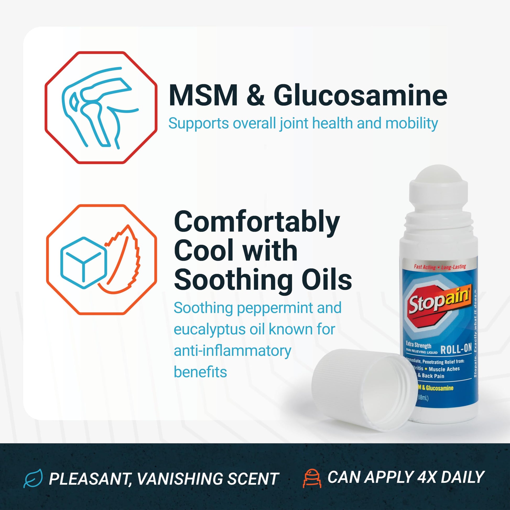Stopain Pain Relief Roll On Gel 3oz, USA Made, Max Strength Fast Acting with MSM, Glucosamine, Menthol for Arthritis, Lower Back, Knee, Neck, HSA FSA Approved OTC Topical Analgesic Products Stopain uk supplements