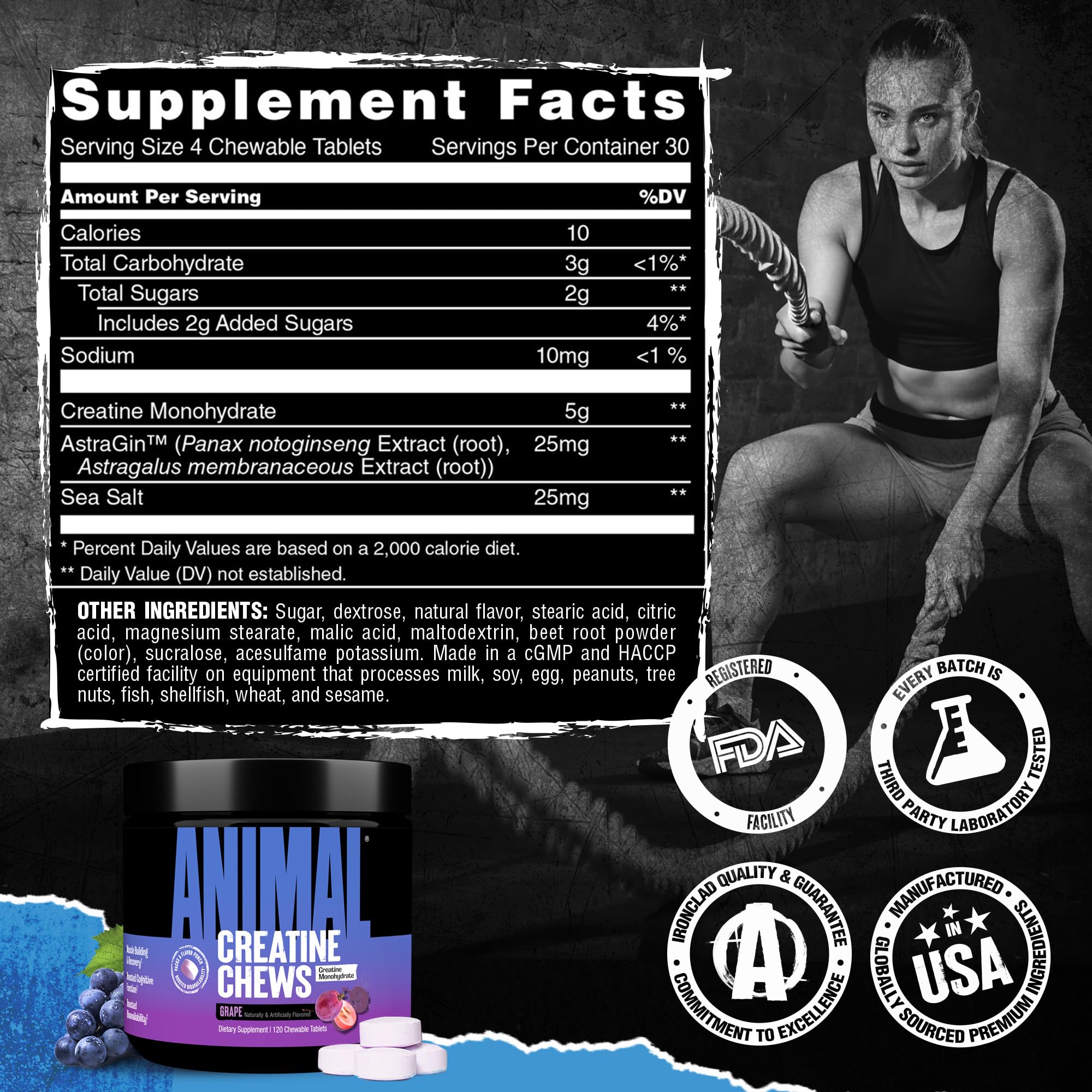 Animal Creatine Chews – 5g Creatine Monohydrate Tablets for Strength, Power & Training Recovery Support – Enhanced Absorption with AstraGin® – Convenient Chewable Format – 120 Tablets Animal uk supplements