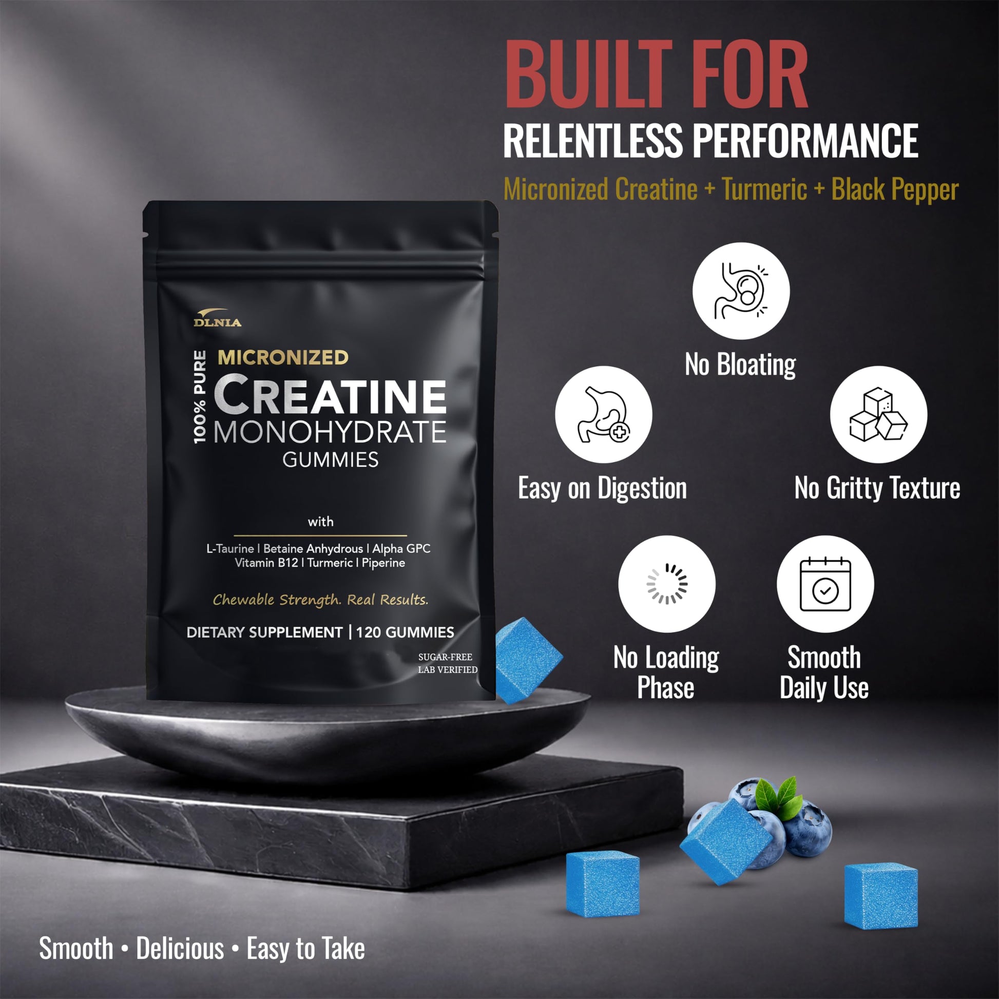 Creatine Monohydrate Gummies for Men & Women - Sugar Free & Vegan Advanced Formula W/L-Taurine + Vitamin B12 - for Muscle Strength, Muscles Builder, Recovery, DLNIA uk supplements