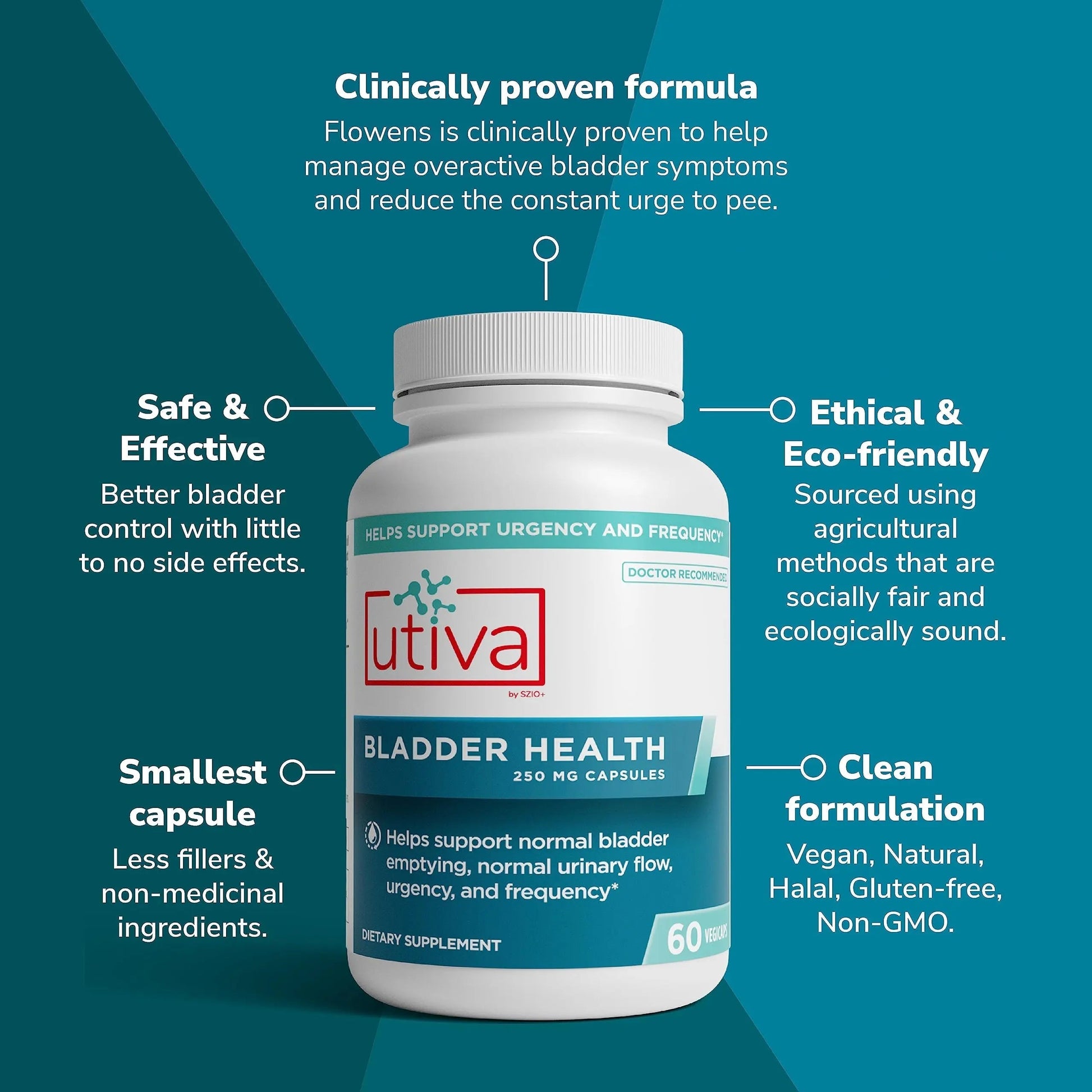 Szio+ Utiva Bladder Health - Control Supplement for Overactive Bladder and Lower Urinary Tract Health - Clinically Proven to Reduce Frequency and Urgency - 60 Capsules Szio+ uk supplements