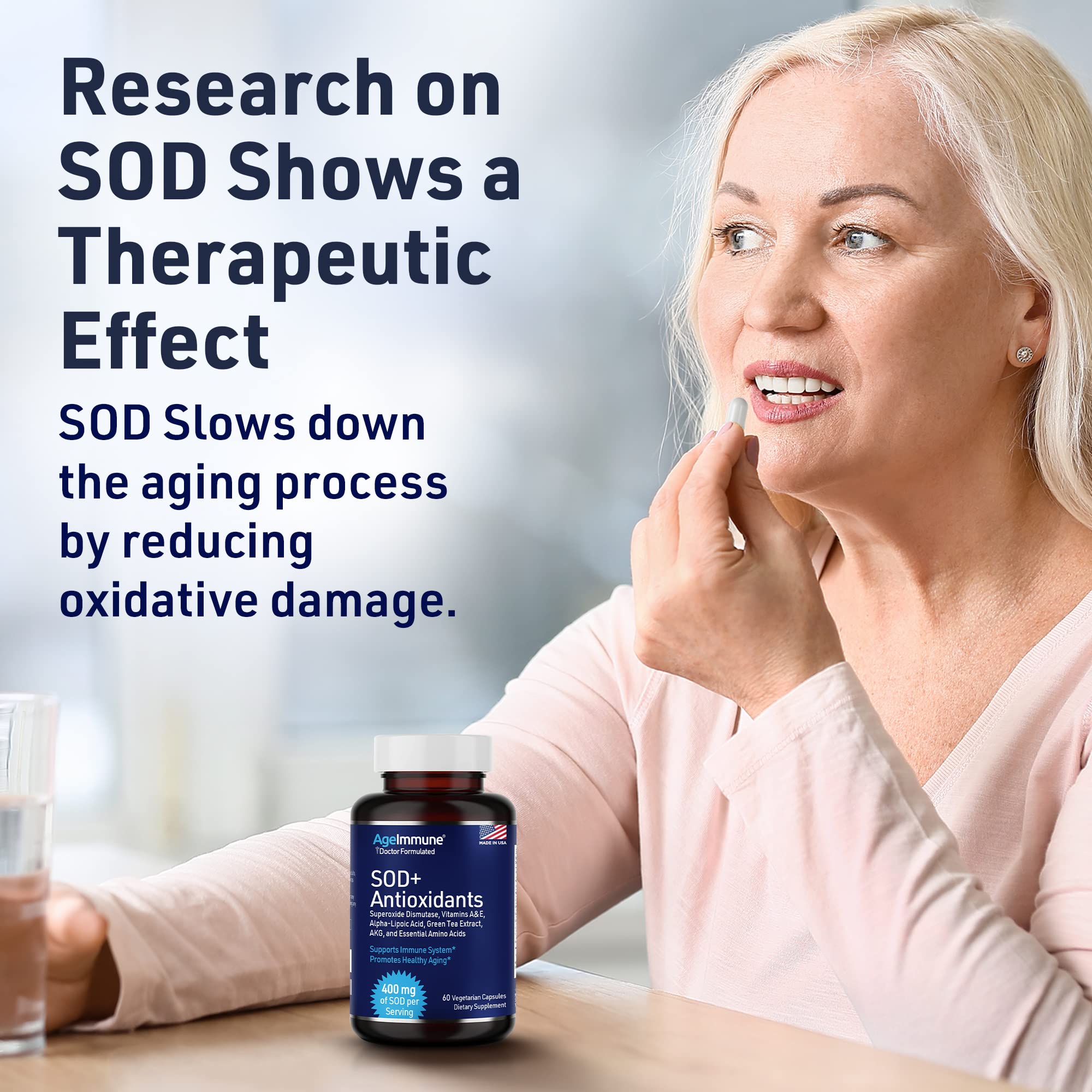 SOD Antioxidants Complex Healthy Aging Supplement - 400mg of Superoxide Dismutase - Alpha Lipoic Acid - L-Arginine -Lysine - AKG - Vitamin A - Vitamin E for Immune Support-60 Capsules AgeImmune uk supplements