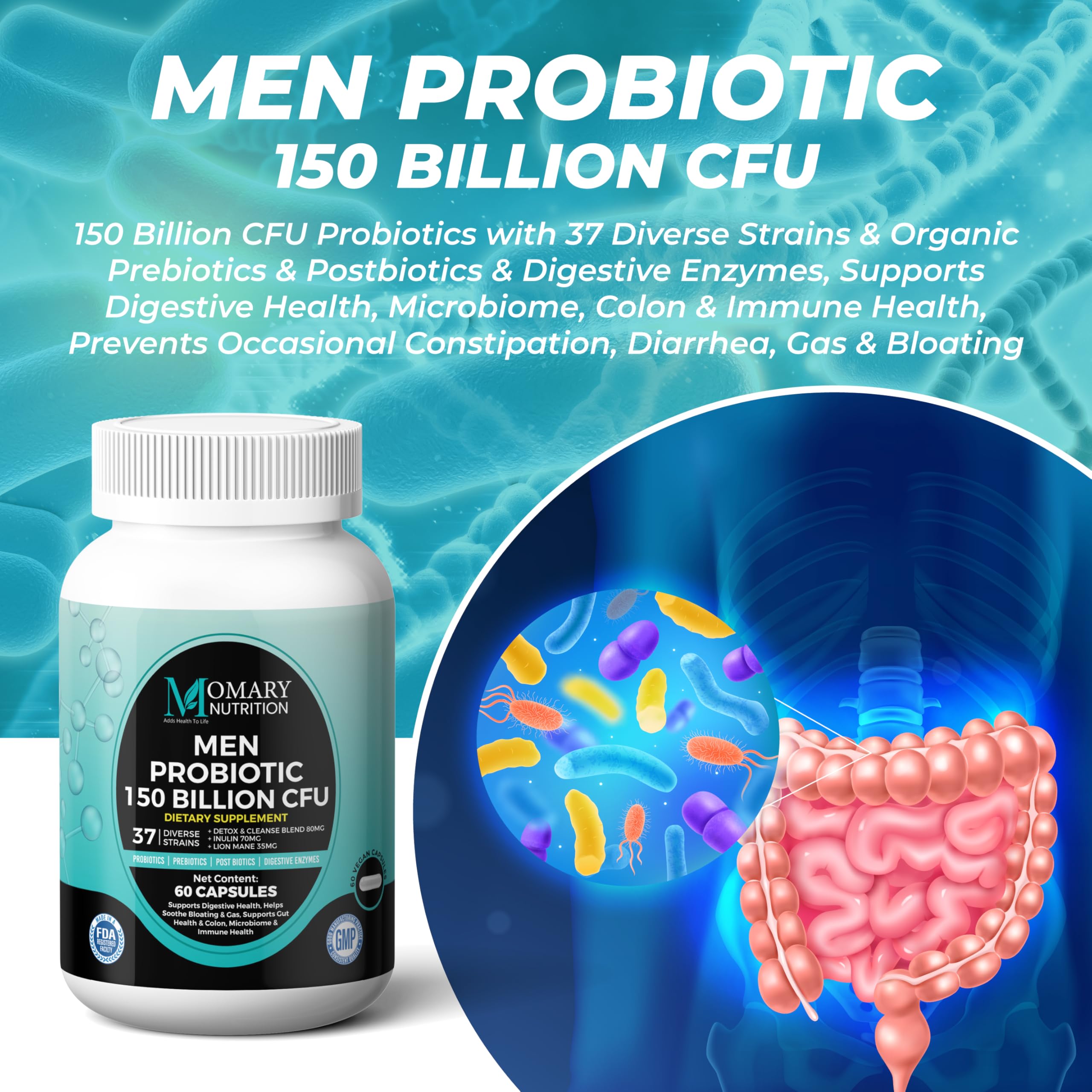 8-in-1 Bio Cultures Complex for Men – 150 Billion CFU Probiotics with 37 Diverse Strains, Organic Prebiotics, Postbiotics & Digestive Enzymes – Supports Digestive Balance & Gut Microbiome MOMARY NUTRITION uk supplements