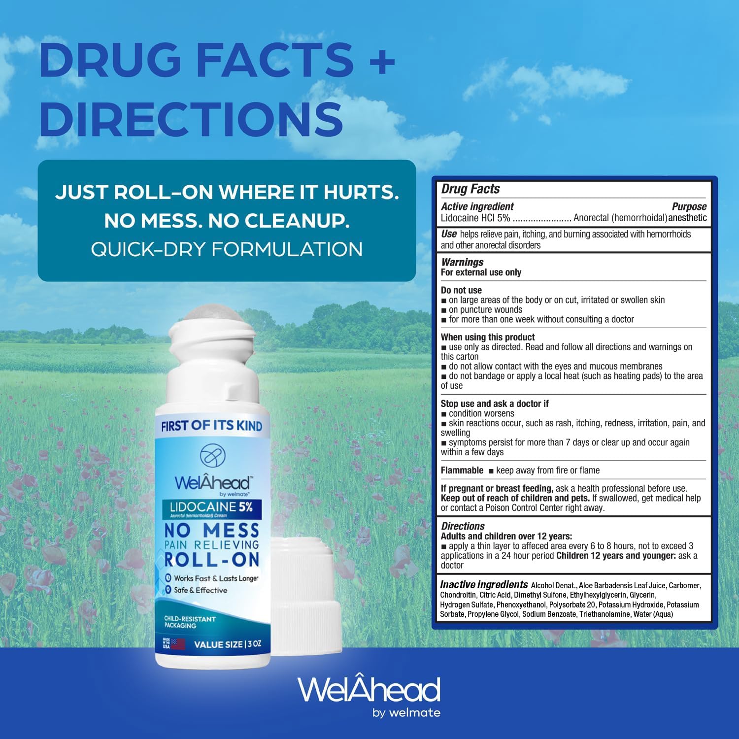 WELMATE - 5% Lidocaine Roll-On (3 oz Value Size) - No Mess Targeted Relief - Topical Anesthetic - Hemorrhoid Relief - Aloe Vera - Fast Acting & Long Lasting - Over-The-Counter Medication - First Aid WELMATE uk supplements