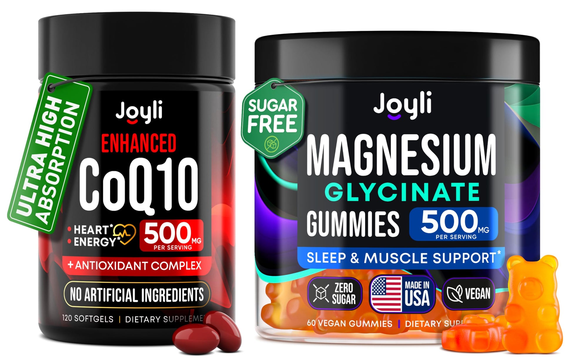 CoQ10 500mg + Magnesium Glycinate Gummies Bundle – High Absorption Coenzyme Q10 120 Softgels & 60 Sugar-Free Sleep Gummies – Heart, Energy & Mood Support – Enhanced Formula, USA Made JOYLI Nutrition uk supplements