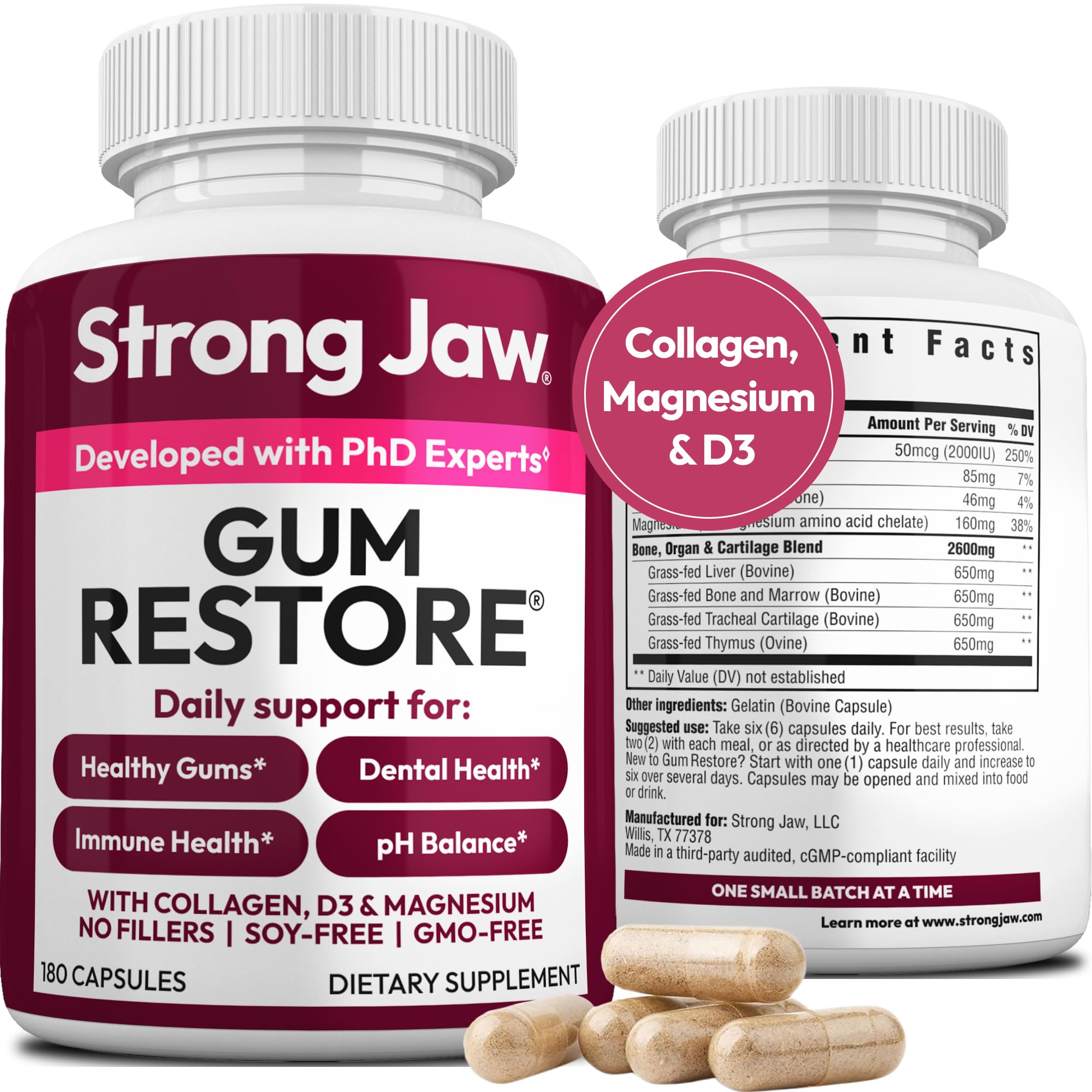 Strong Jaw Gum Restore - Gum Repair for Receding Gums | Teeth Magnesium Supplements, Oral Care, Remineralizing Dental Health Vitamins for Adults | 1 Month Supply, 180 Capsules, Made in USA Strong Jaw uk supplements