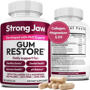 Strong Jaw Gum Restore - Gum Repair for Receding Gums | Teeth Magnesium Supplements, Oral Care, Remineralizing Dental Health Vitamins for Adults | 1 Month Supply, 180 Capsules, Made in USA Strong Jaw uk supplements