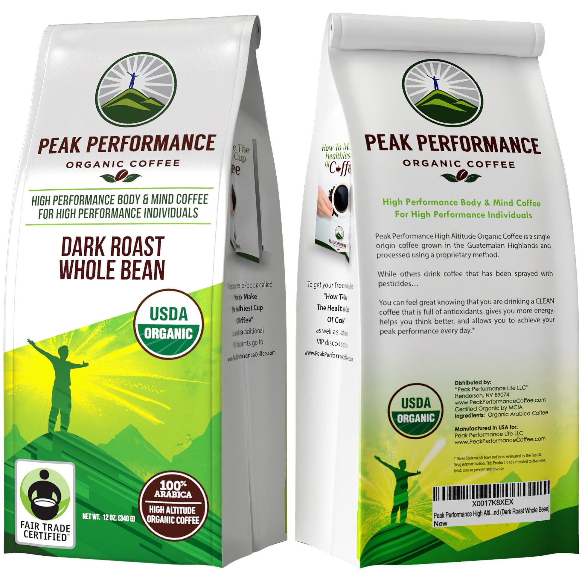 Peak Performance High Altitude Organic Coffee - Fair Trade, Low Acid, Non GMO, and Beans Full of Antioxidants - Dark Roast Smooth Tasting USDA Certified Organic Whole Bean Coffee Bag 12 oz Peak Performance uk supplements