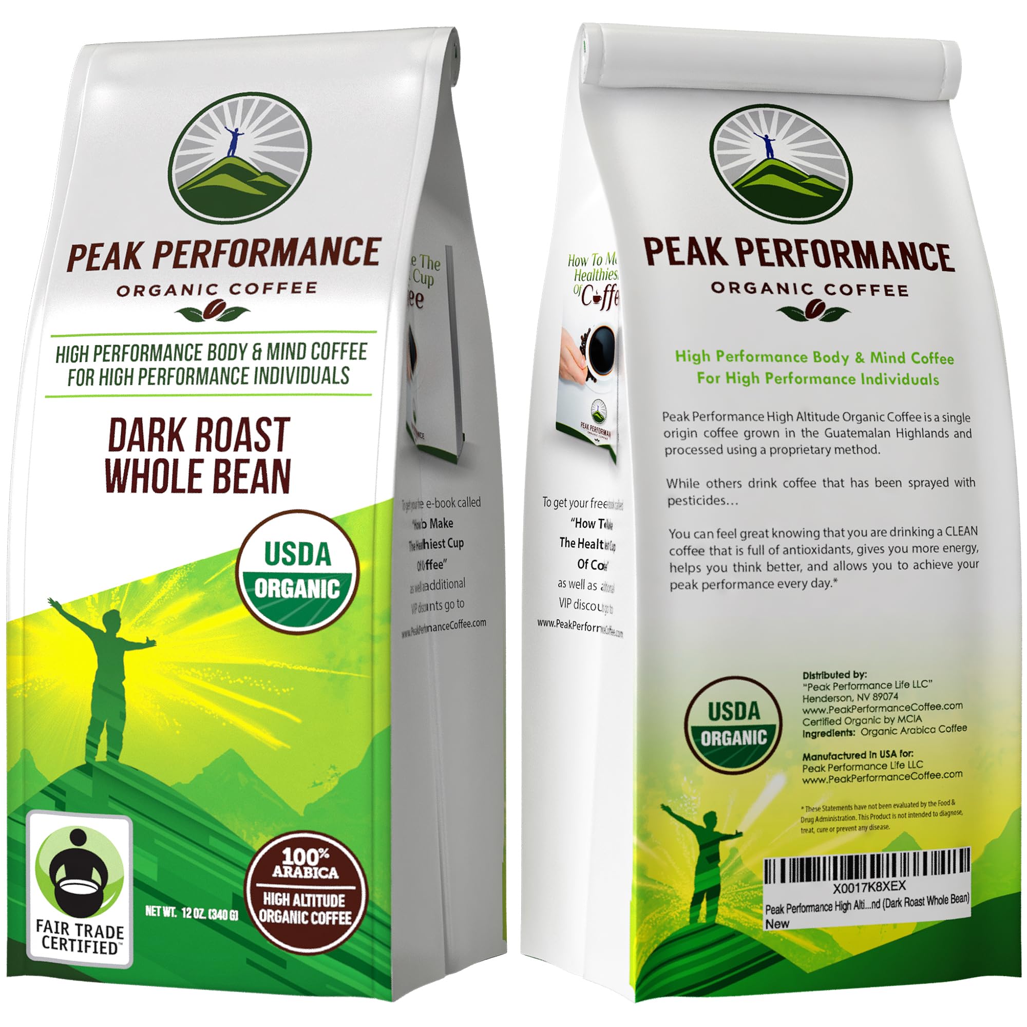 Peak Performance High Altitude Organic Coffee - Fair Trade, Low Acid, Non GMO, and Beans Full of Antioxidants - Dark Roast Smooth Tasting USDA Certified Organic Whole Bean Coffee Bag 12 oz Peak Performance uk supplements