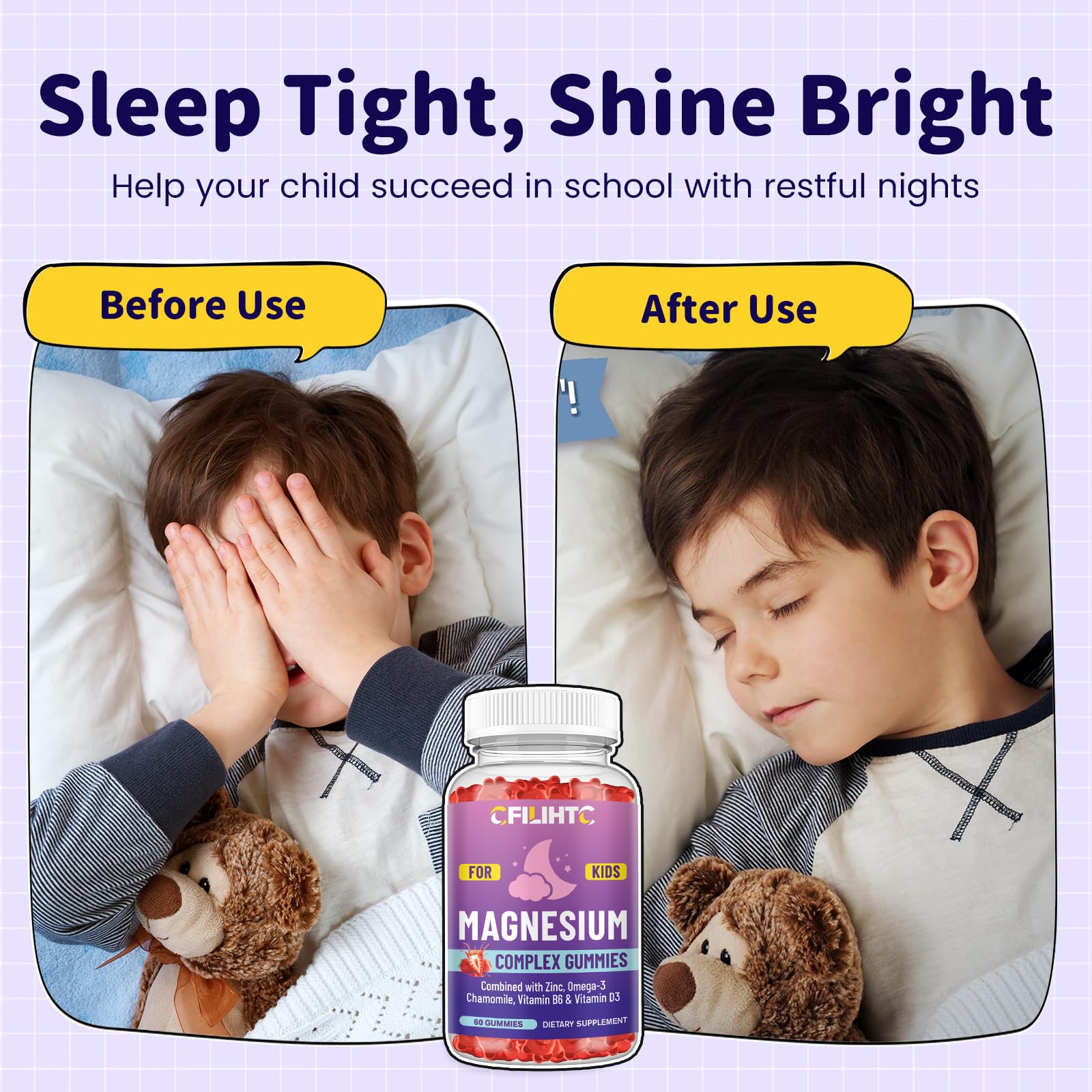 Kids Magnesium Gummies-Magnesium Glycinate Gummies for Kids Supplement-w/Zinc, Chamomile, Omega-3, Vitamin B6, D3 - for Sleep, Relaxation, Brain, Bones, Children's Calm, Sugar Free Strawberry 60ct CFILIHTC uk supplements