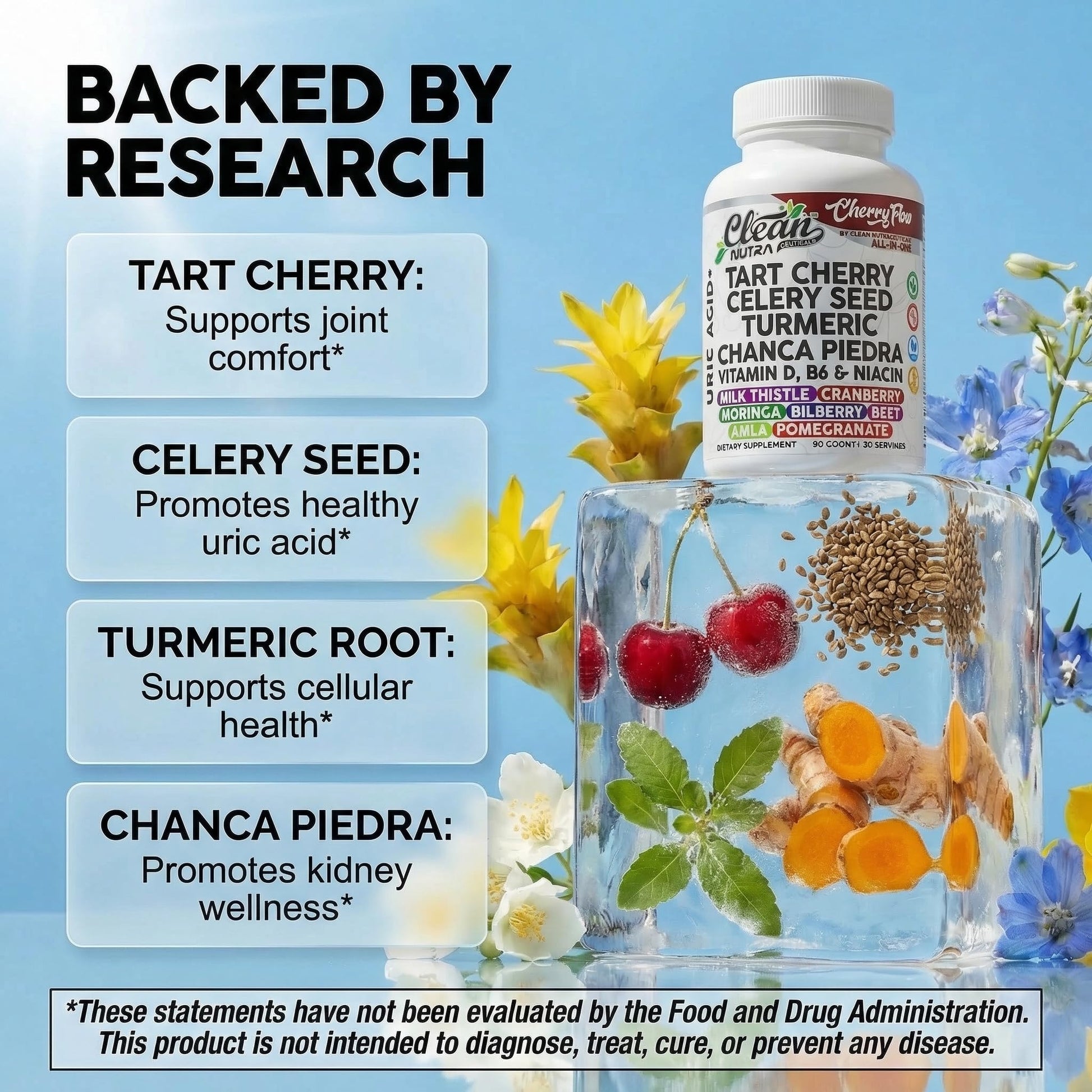 Cherry Flow Tart Cherry Capsules Uric Acid Support Celery Seed Turmeric Chanca Piedra Vitamin D Vitamin B6 Niacin Milk Thistle Moringa Extract Pomegranate Beets 90 Count By Clean Nutra Clean Nutraceuticals uk supplements