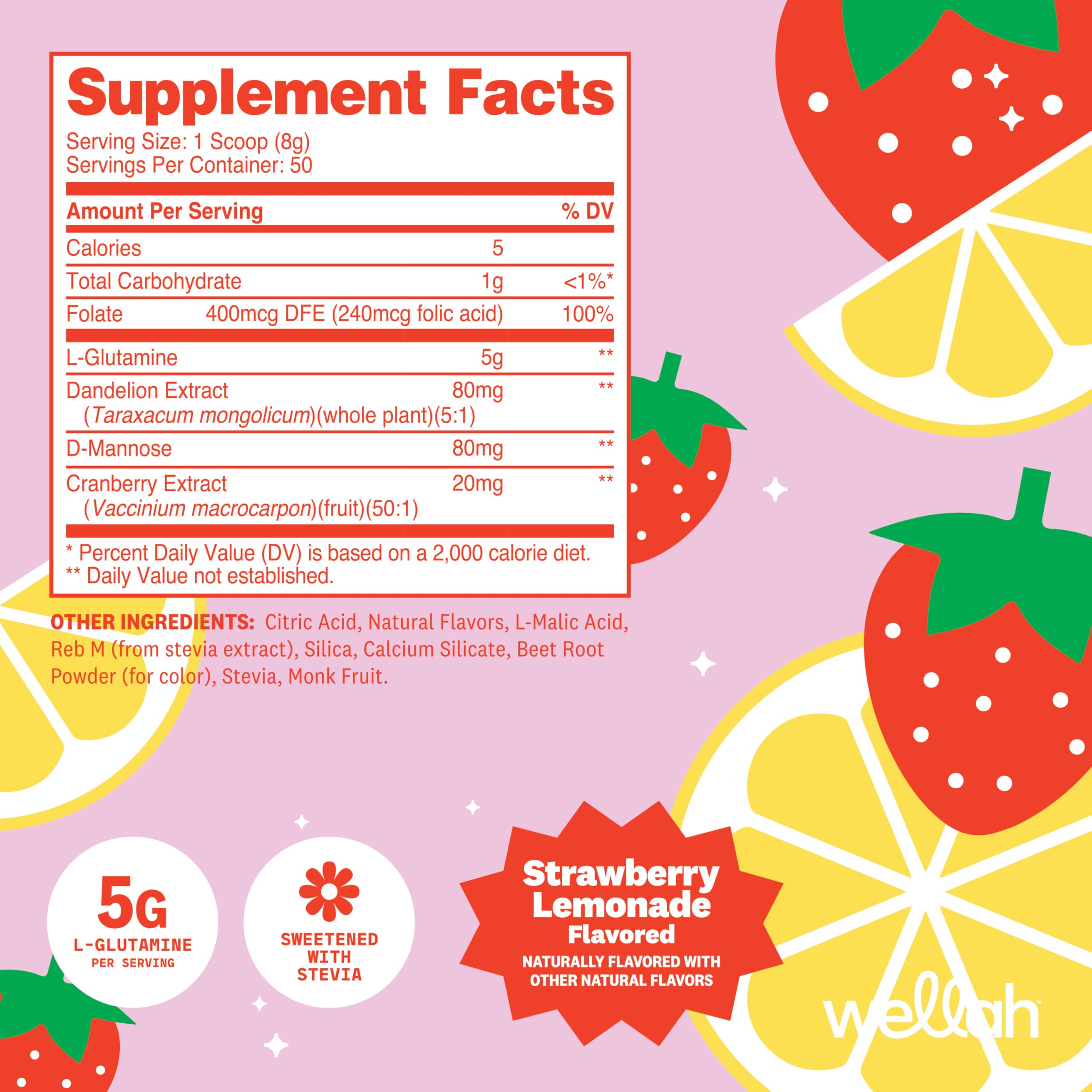 Wellah L-Glutamine Strawberry Lemonade Flavored (50 Servings) - 5g L-Glutamine Per Serving, Sweetened with Stevia Wellah uk supplements