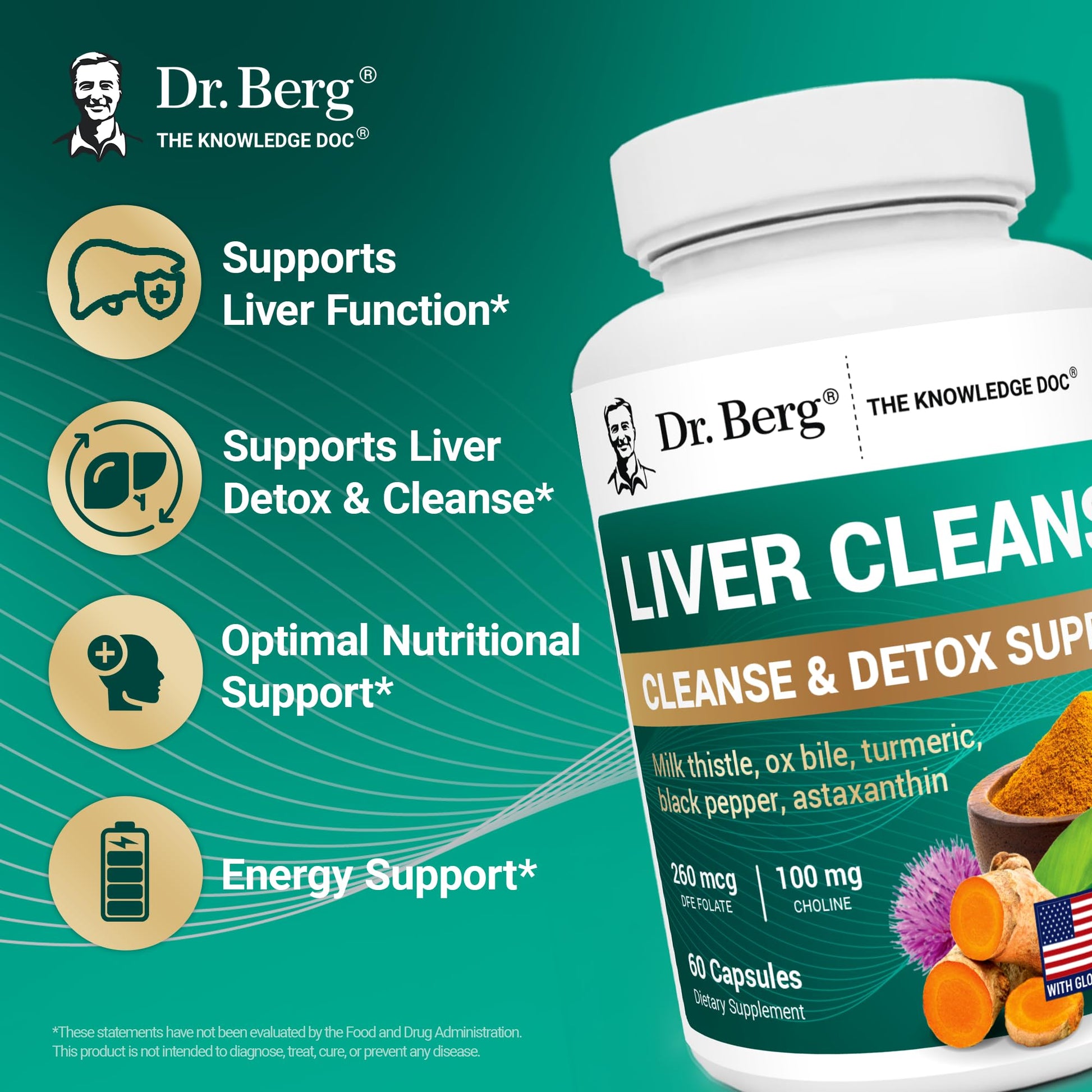 Dr. Berg Liver Cleanse Detox Capsules w/Unique Blend of Milk Thistle, Ox Bile & Folate - Liver Supplement Includes Turmeric, Black Pepper & Choline - 60 Capsules Dr. Berg Nutritionals uk supplements